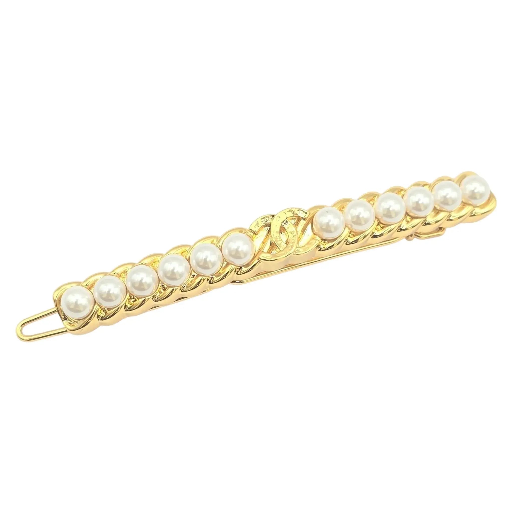 Chanel CC Faux Pearl Gold Hair Barrette Clip B23 CHANEL
