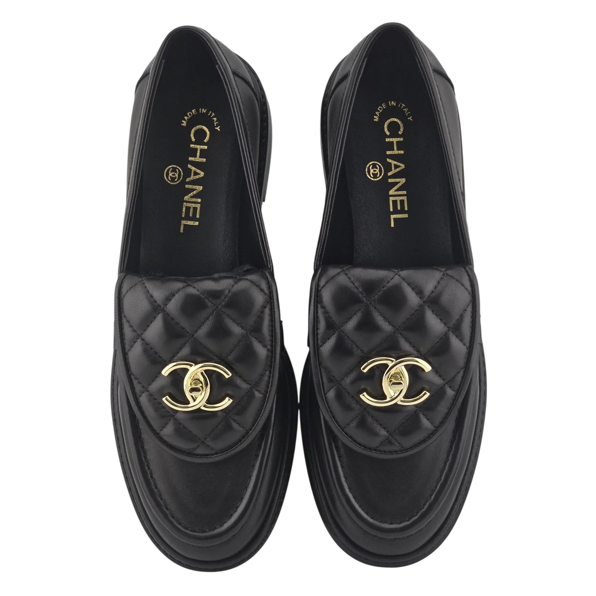 Chanel CC Lambskin Quilted Turnlock Loafers 39 Black CHANEL
