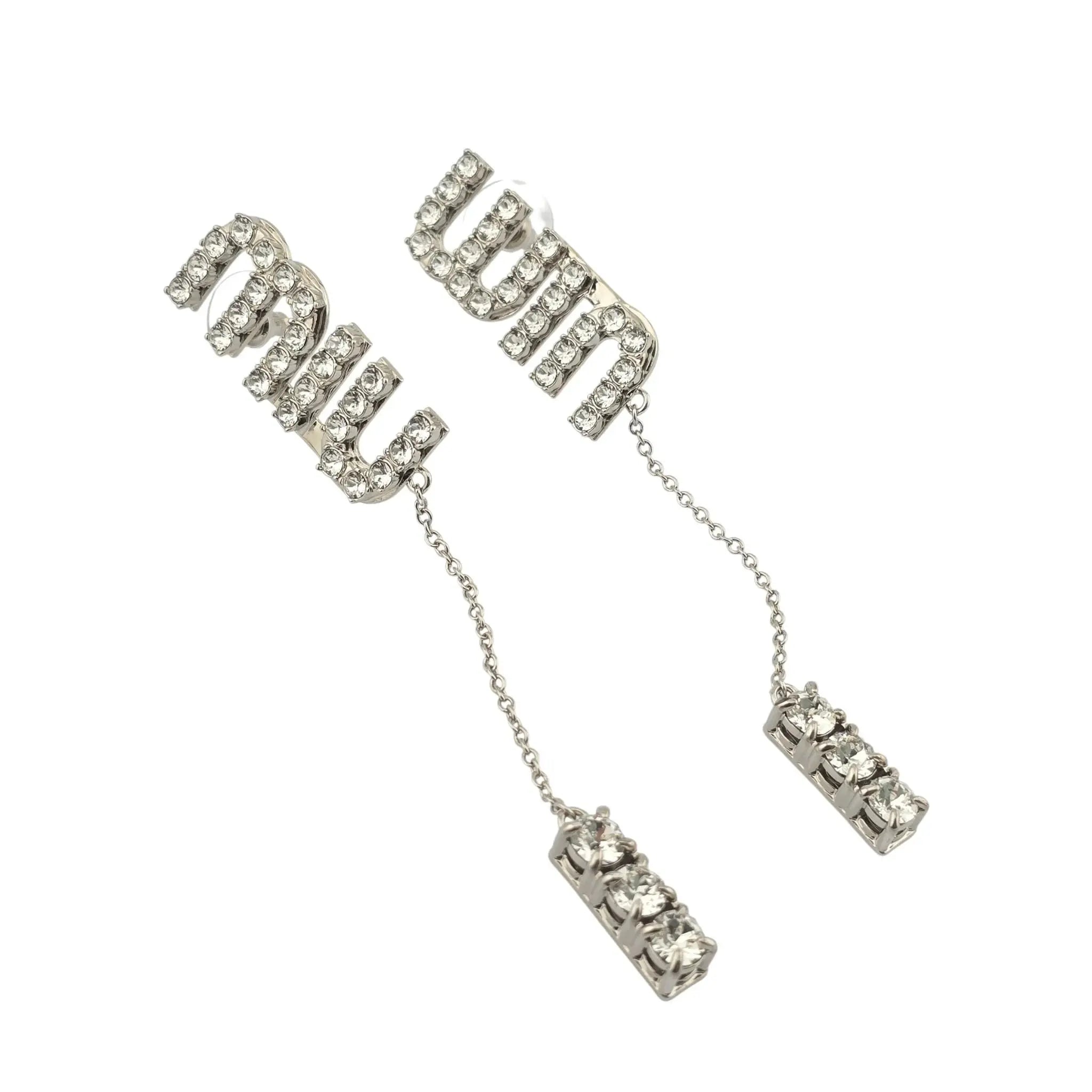 Miu Miu Logo Silver Crystal Drop Earrings MIU MIU