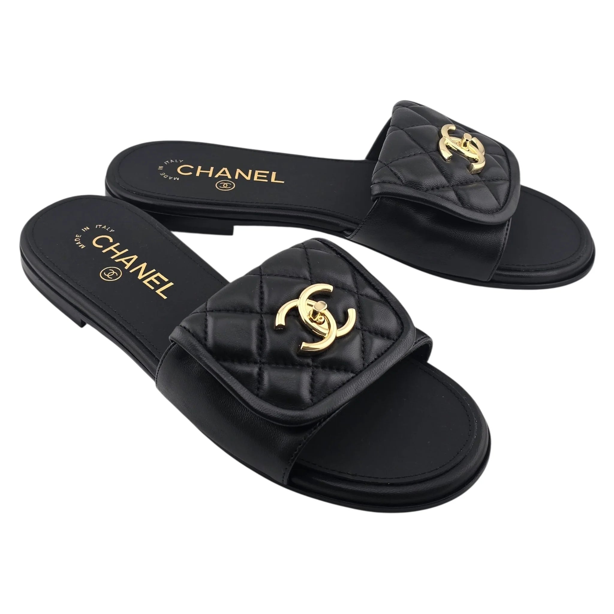 Chanel CC  Lambskin Quilted Turnlock Black Gold Sandals 39 CHANEL
