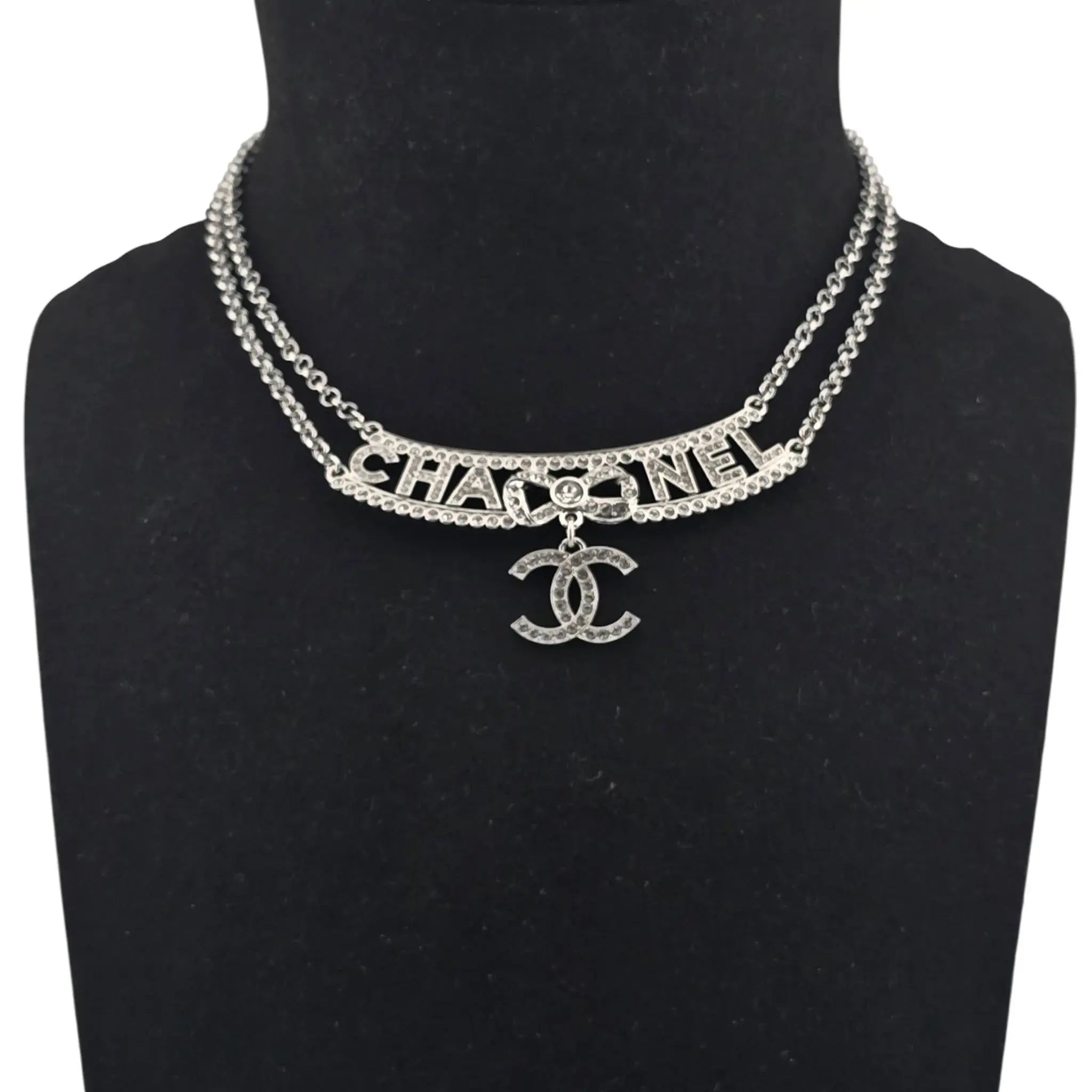 Chanel CC Silver Crystal Pendant Choker Necklace 2022 CHANEL