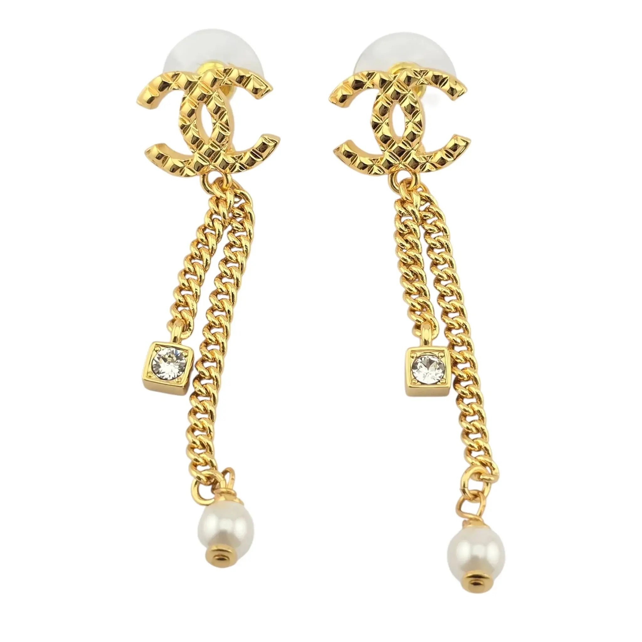 Chanel CC Crystal Pearl Quilted Chain Drop Earrings Gold CHANEL