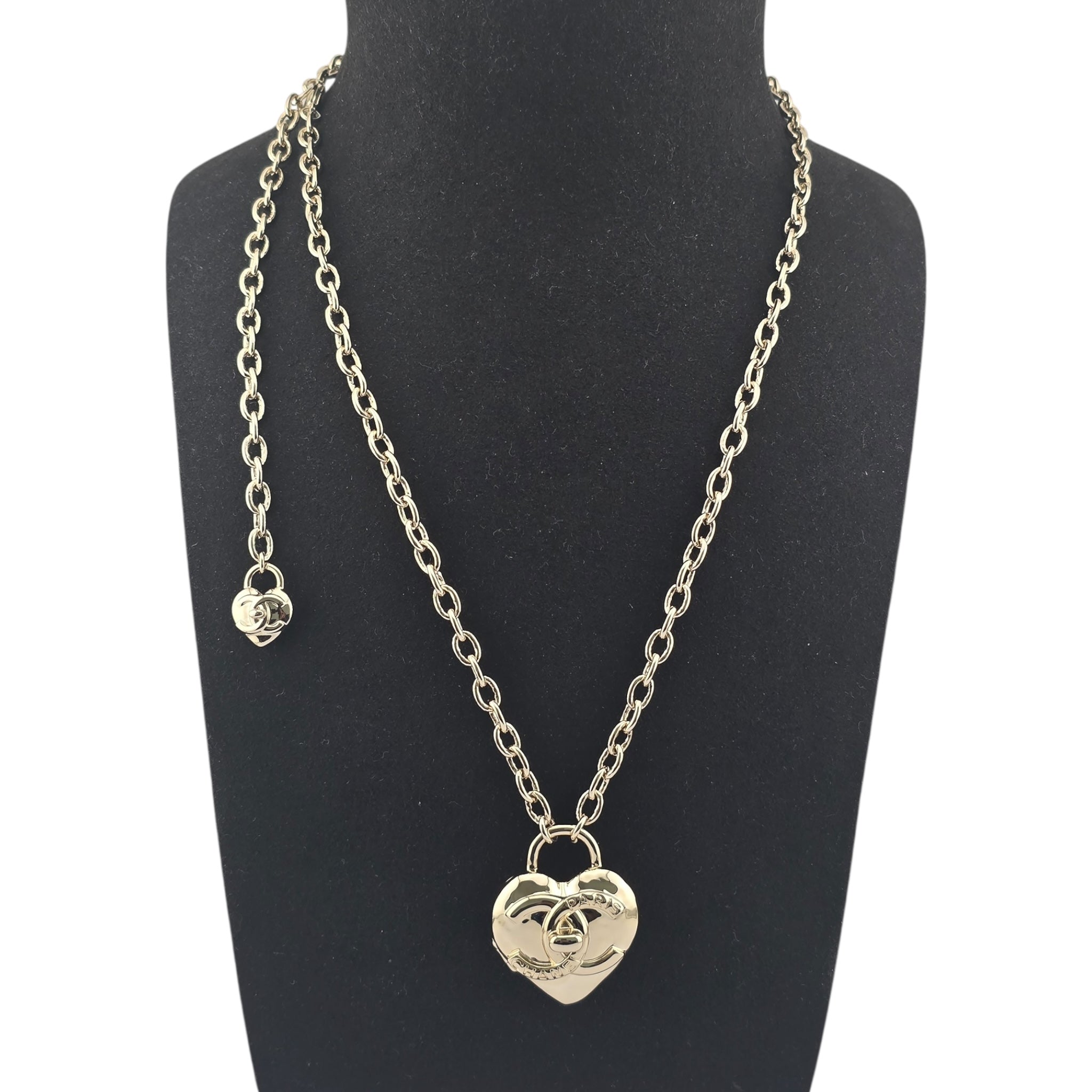 Chanel CC Metal Turnlock Heart Locket Necklace Gold CHANEL