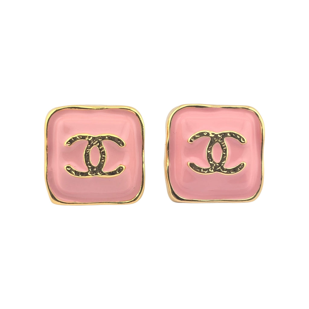 Chanel CC Resin Pink Gold Square Earring 2023 CHANEL