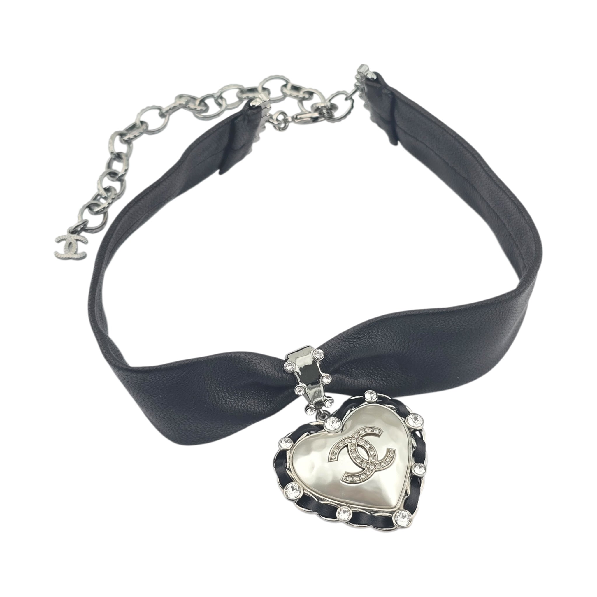 Chanel CC Lambskin Crystal Heart Choker Ruthenium Black CHANEL