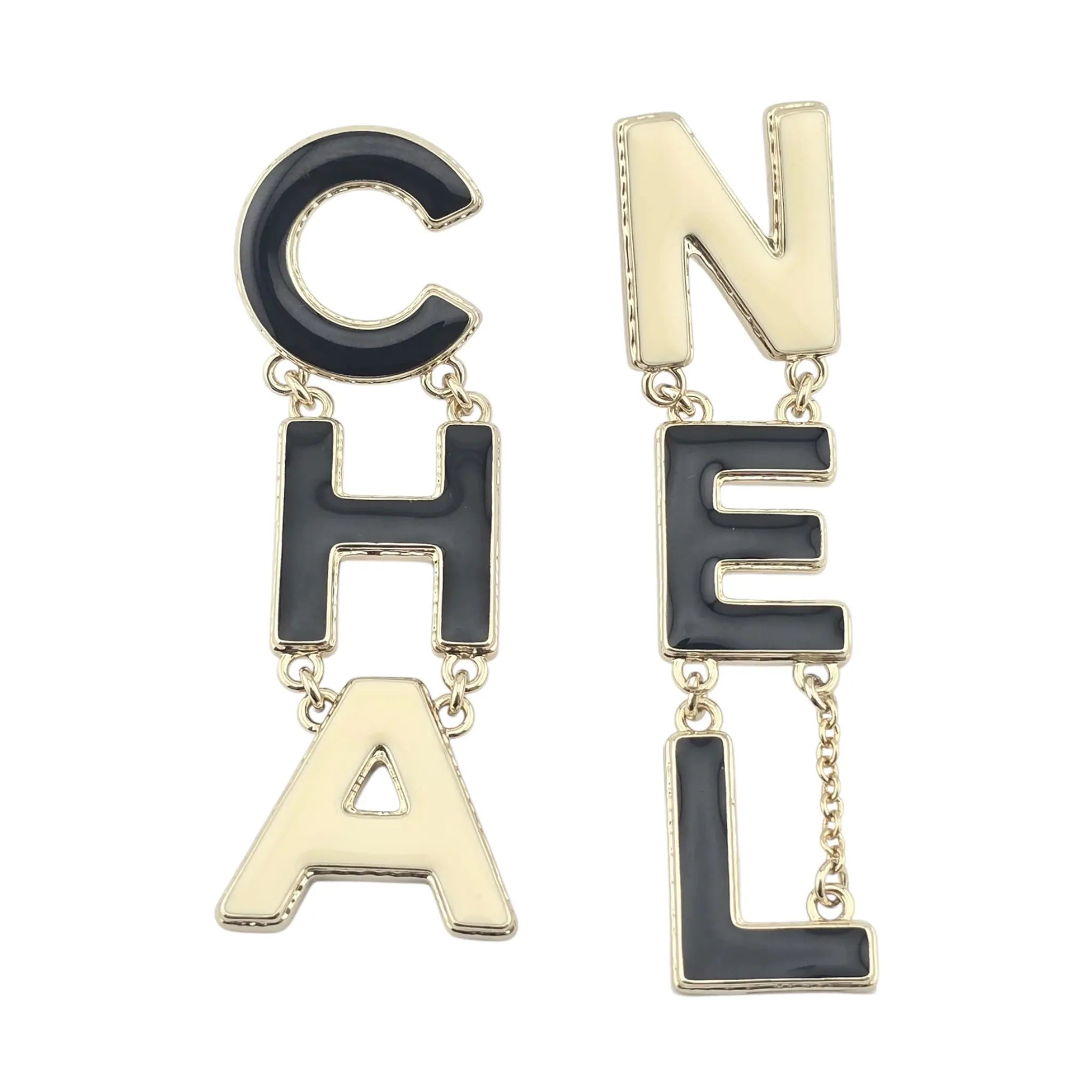 Chanel Metal Enamel Cha-Nel Logo Drop Earrings Black White CHANEL