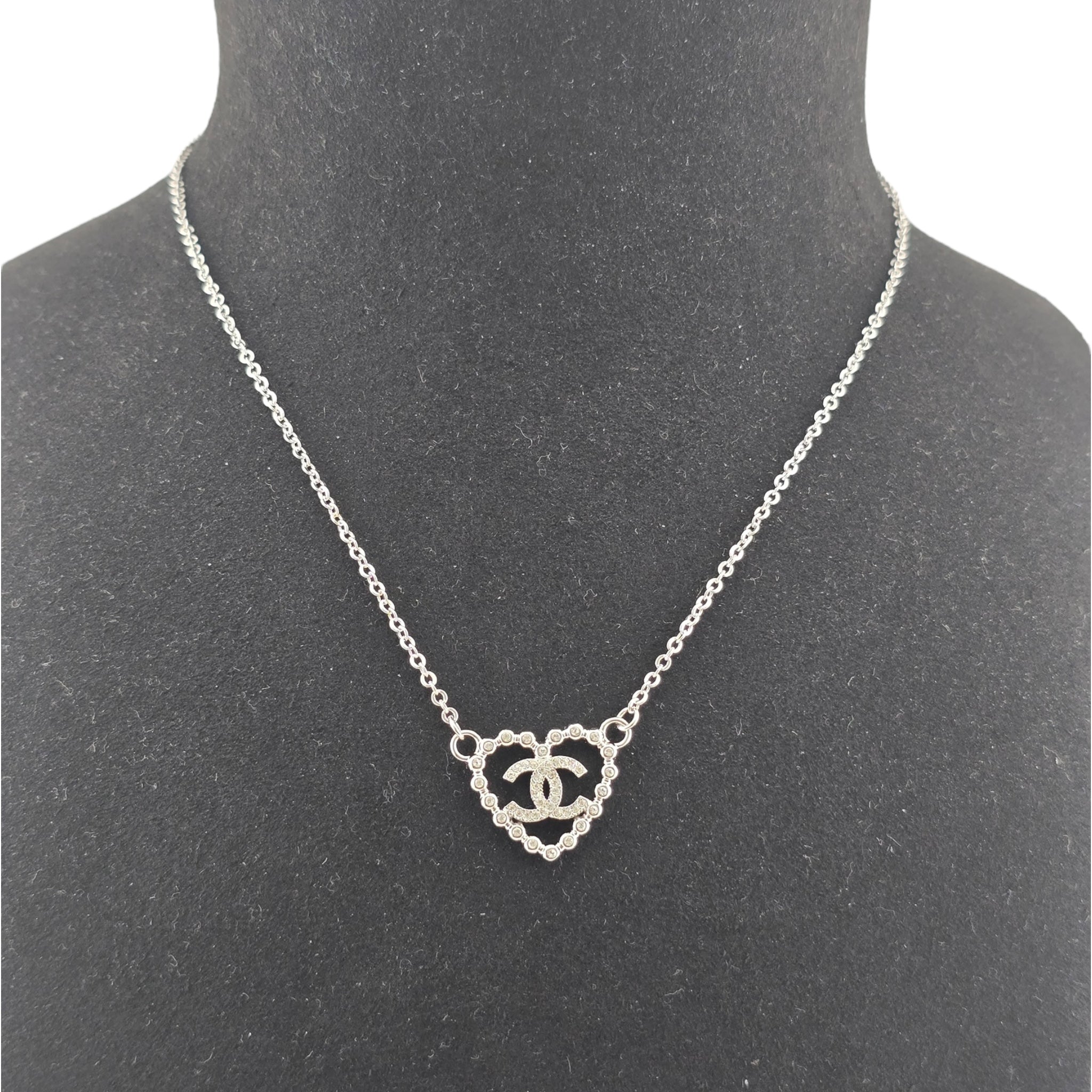 Chanel CC Crystal Heart Silver Necklace