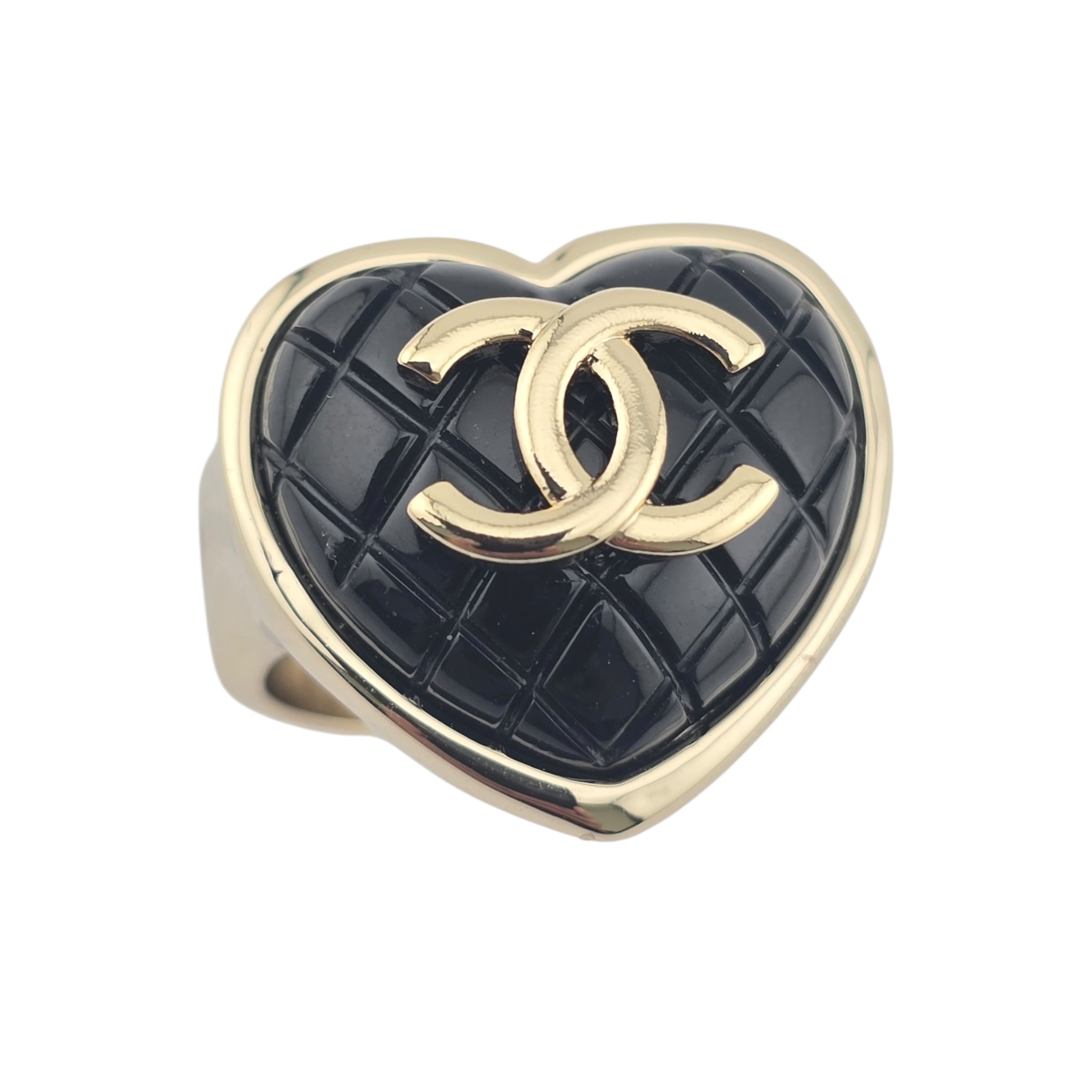 Chanel CC Resin Quilted Heart Ring Gold Black CHANEL