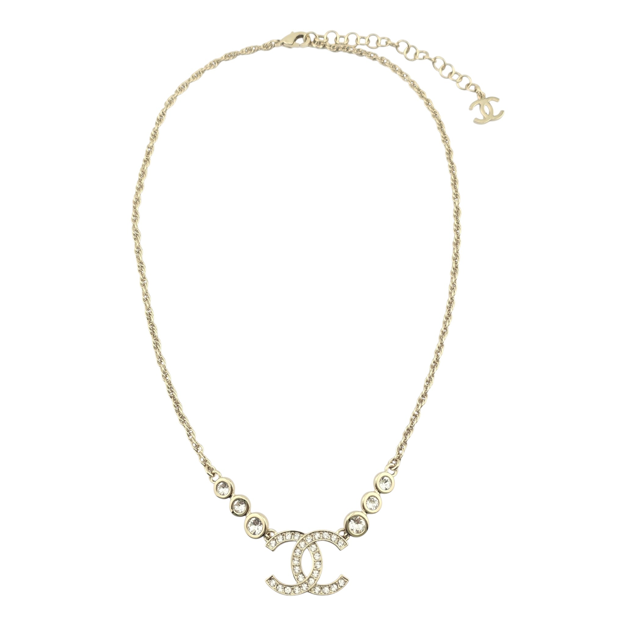 Chanel CC Metal Crystal Link Pendant Necklace Gold 2025 CHANEL
