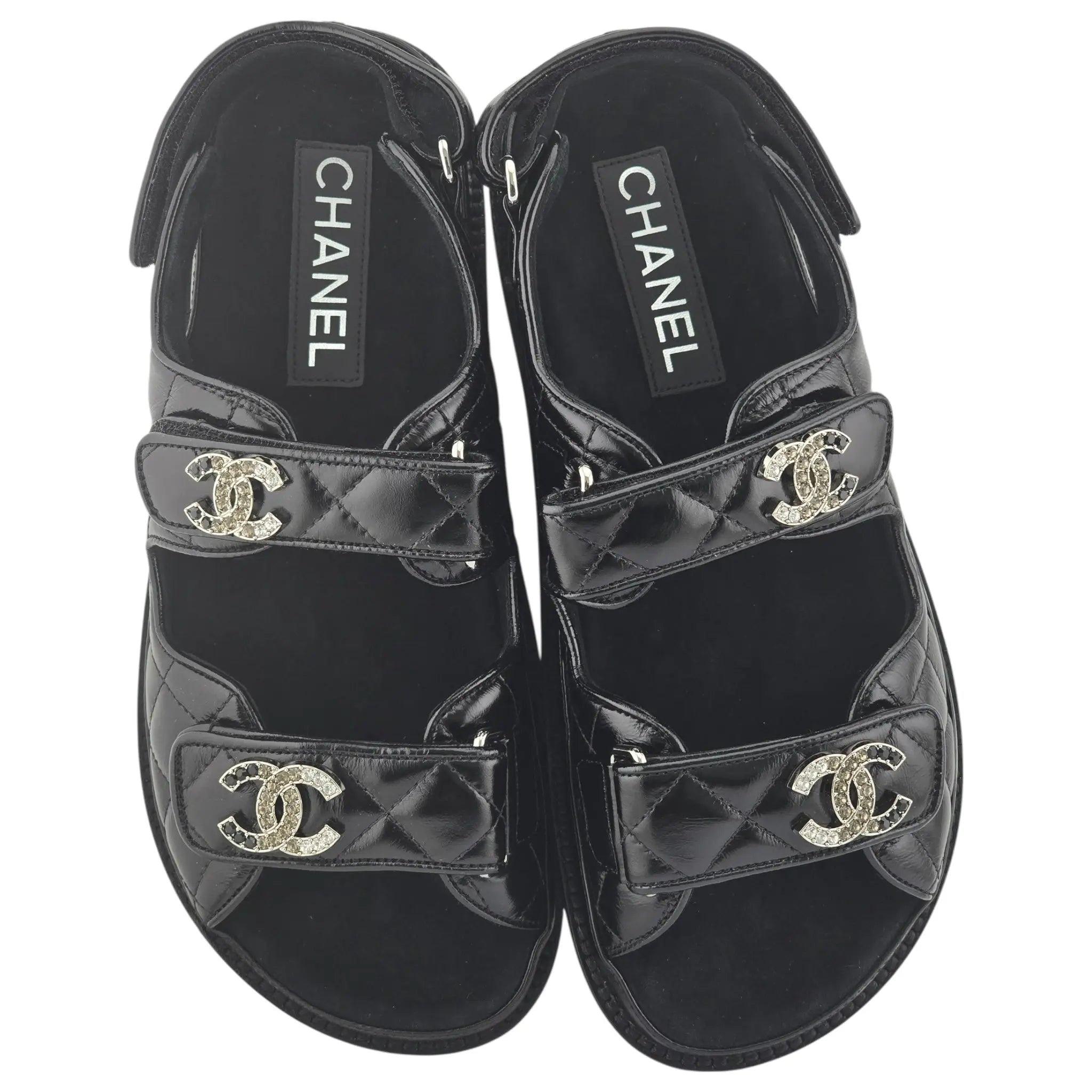 Chanel CC Dad Black Crystal Quilt Sandals 39 CHANEL