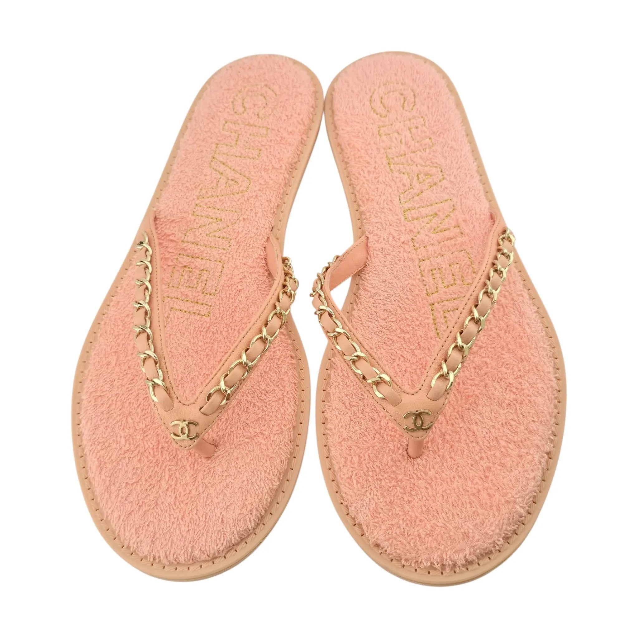 Chanel CC Calfskin Chain Thong Pink Sandals 39 UK6 CHANEL