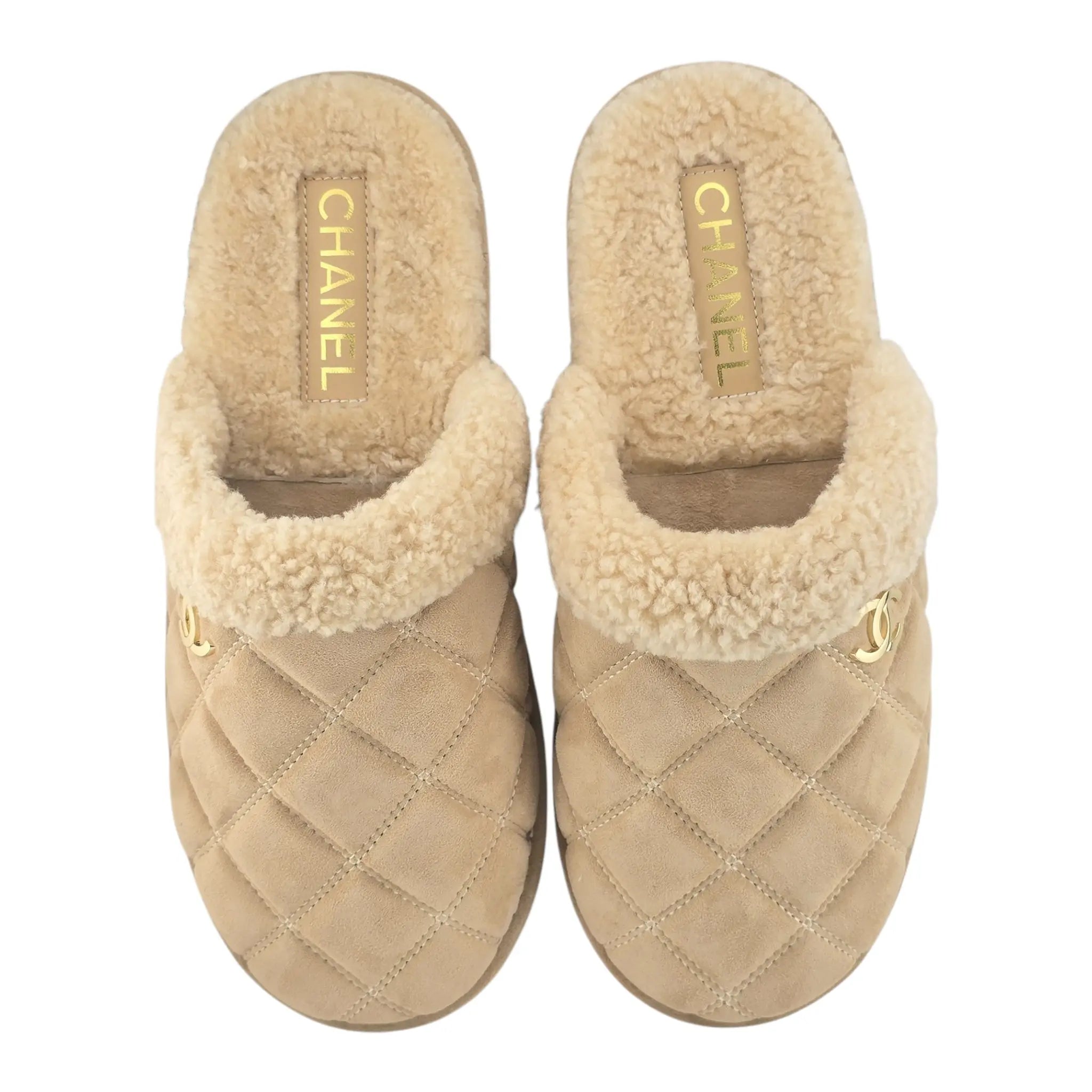 Chanel CC Suede Shearling Mule Slippers 39 UK6 CHANEL
