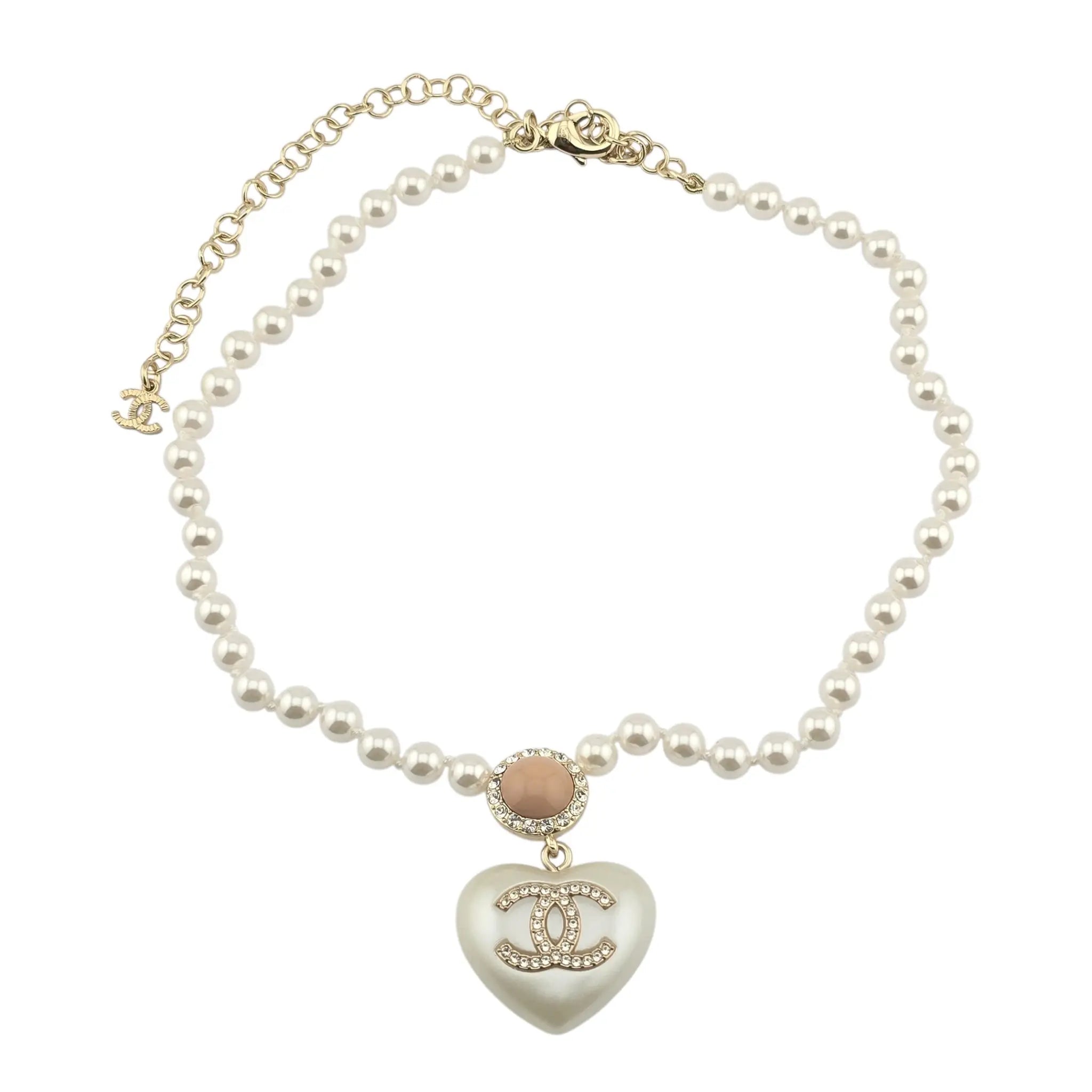 Chanel CC Pearl Crystal Heart Gold Short Necklace 2021 CHANEL