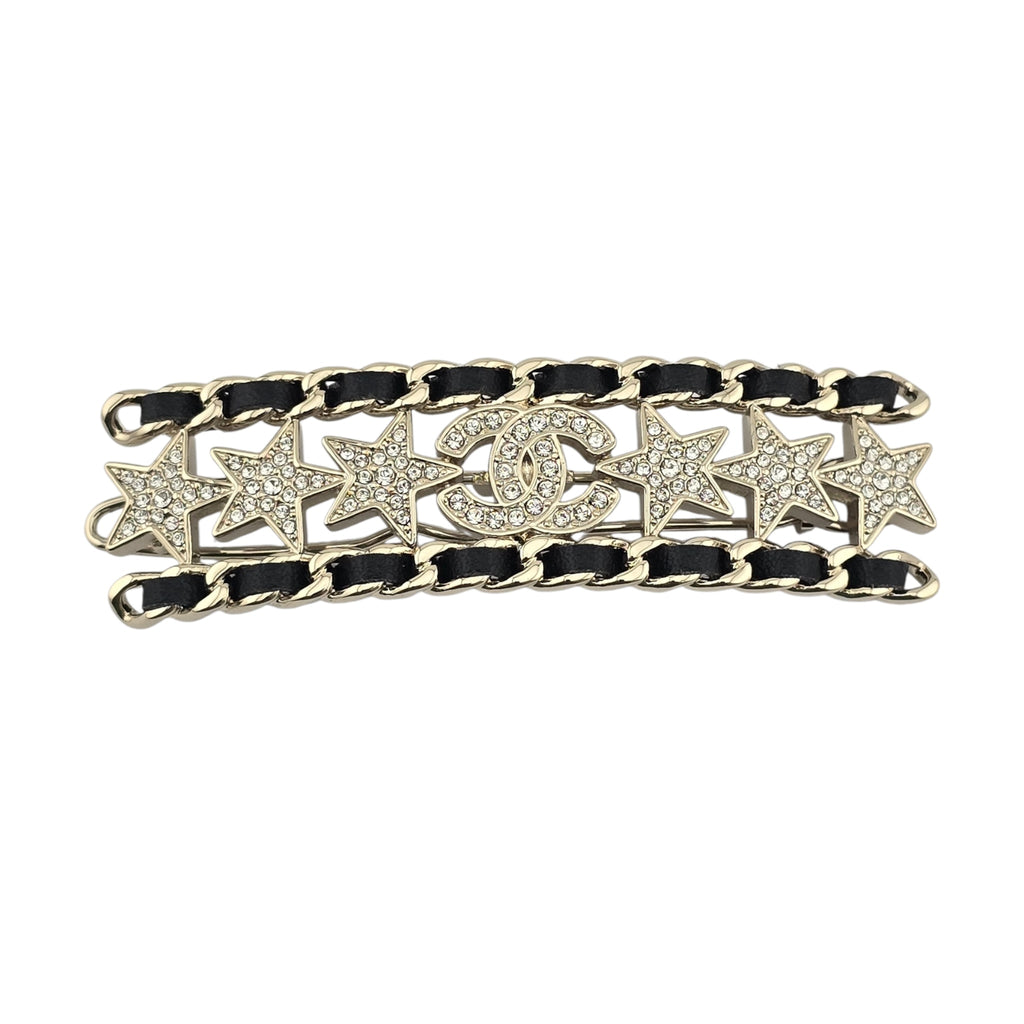 Chanel CC Black Leather Crystal Hair Barrette Clip B23