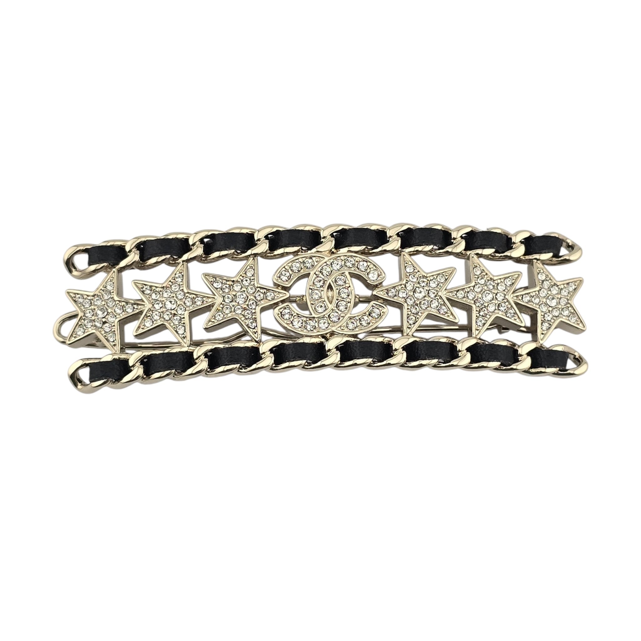 Chanel CC Black Leather Crystal Hair Barrette Clip B23