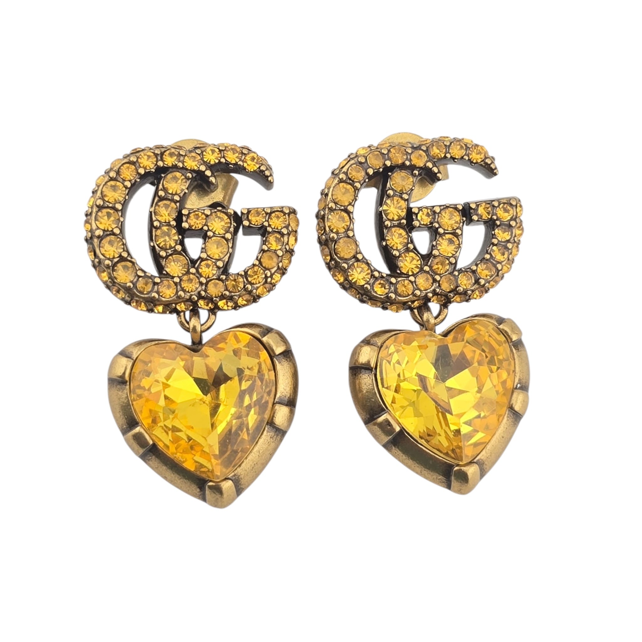 GUCCI GG Yellow Heart Crystal Drop Earrings