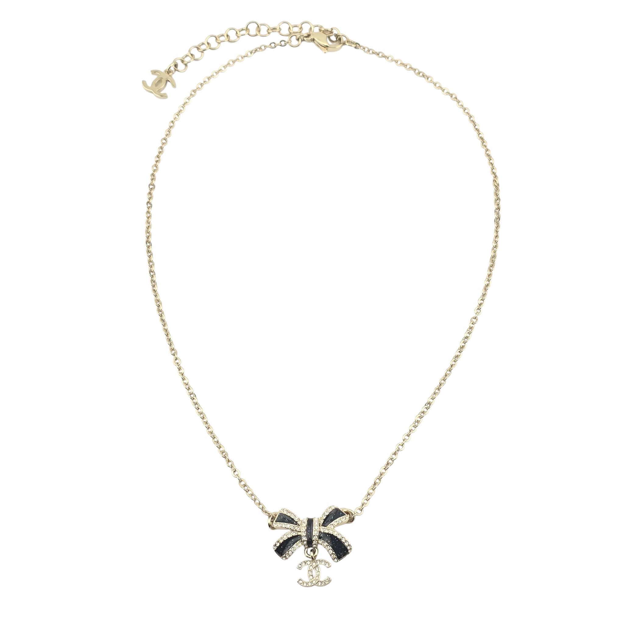 Chanel CC Gold Crystal Enamel Bow Necklace 2025