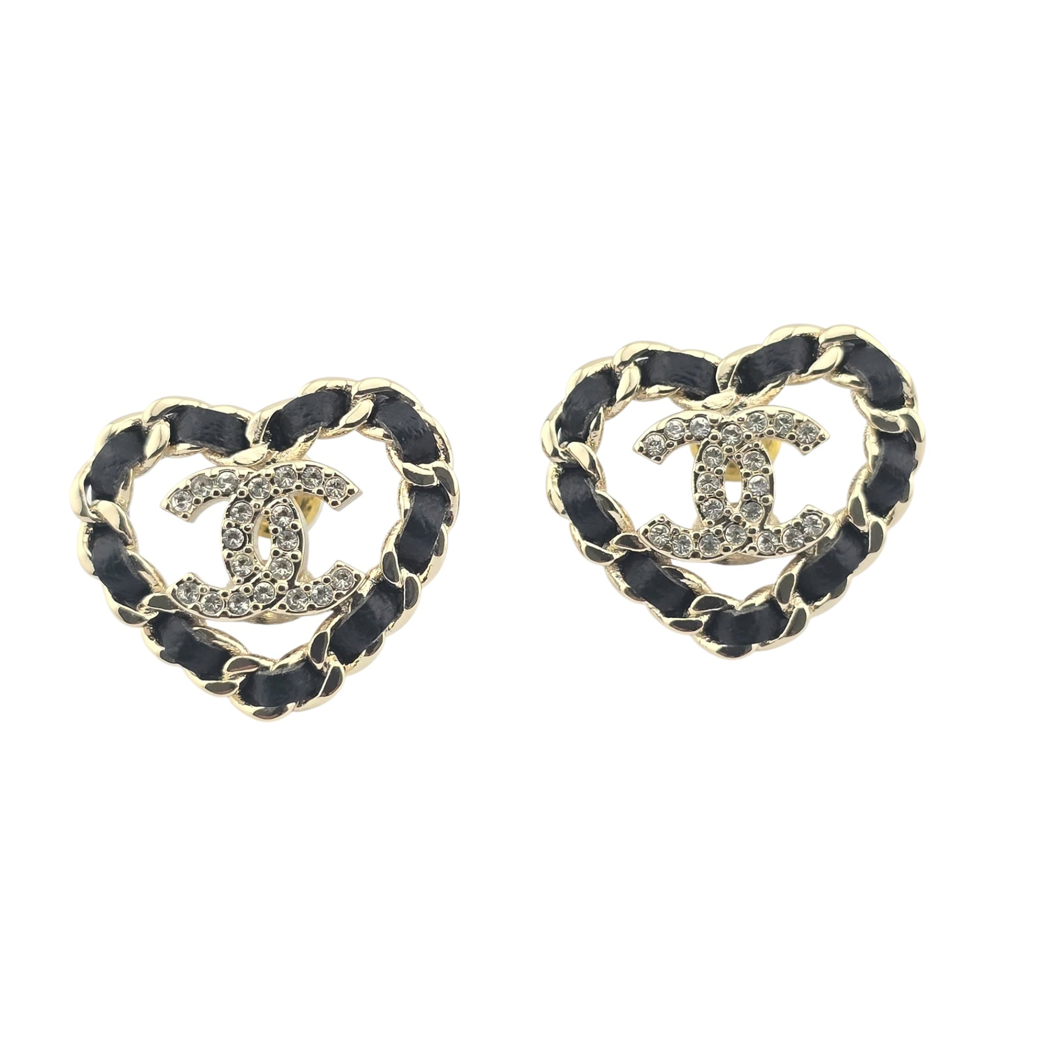 Chanel CC Black Gold Heart Stud Earrings A25