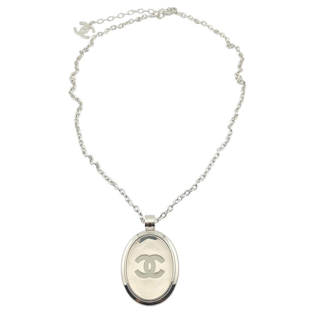 Chanel CC Silver Oval Pendant Necklace 2025
