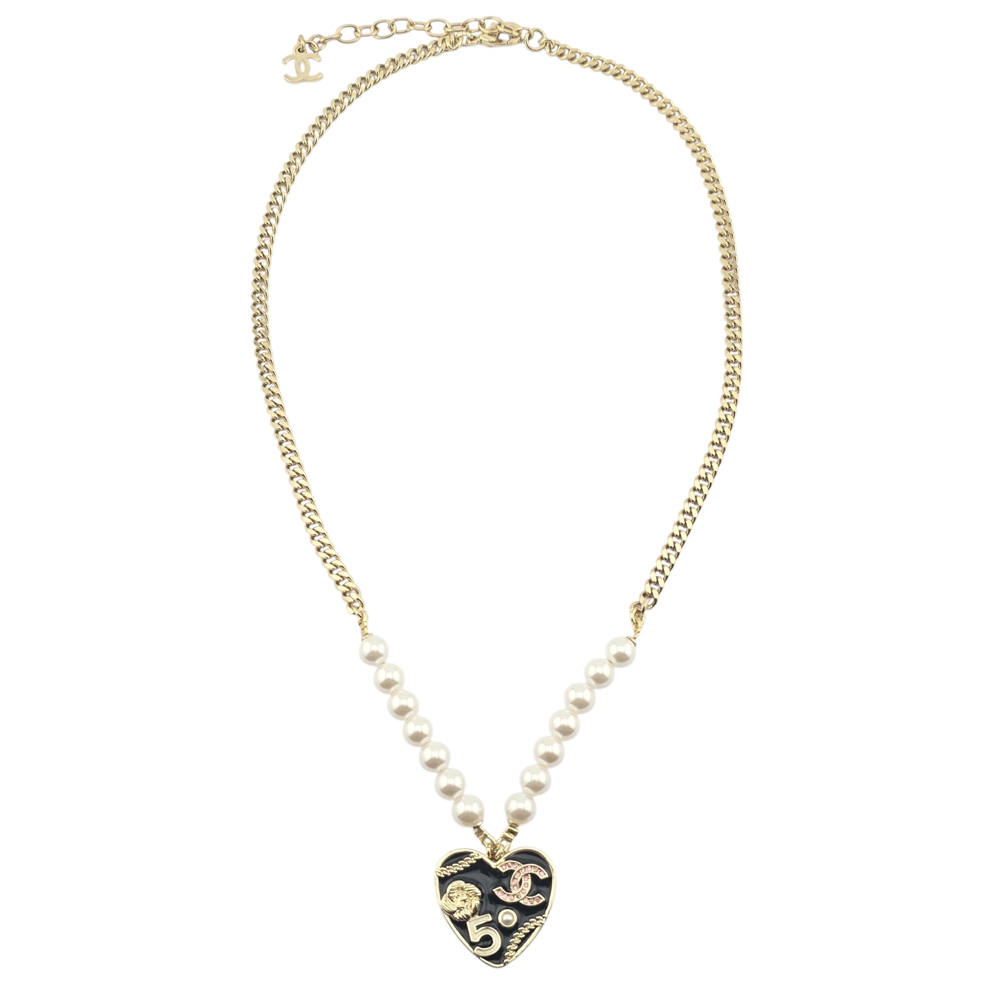 Chanel CC Black Enamel Heart Necklace 2024