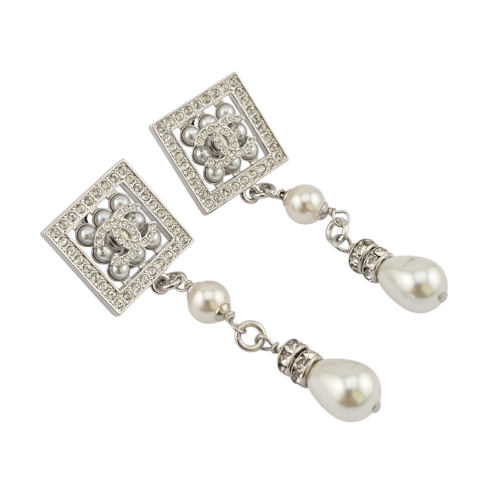Chanel CC Silver Faux Pearl Drop Earrings 2024