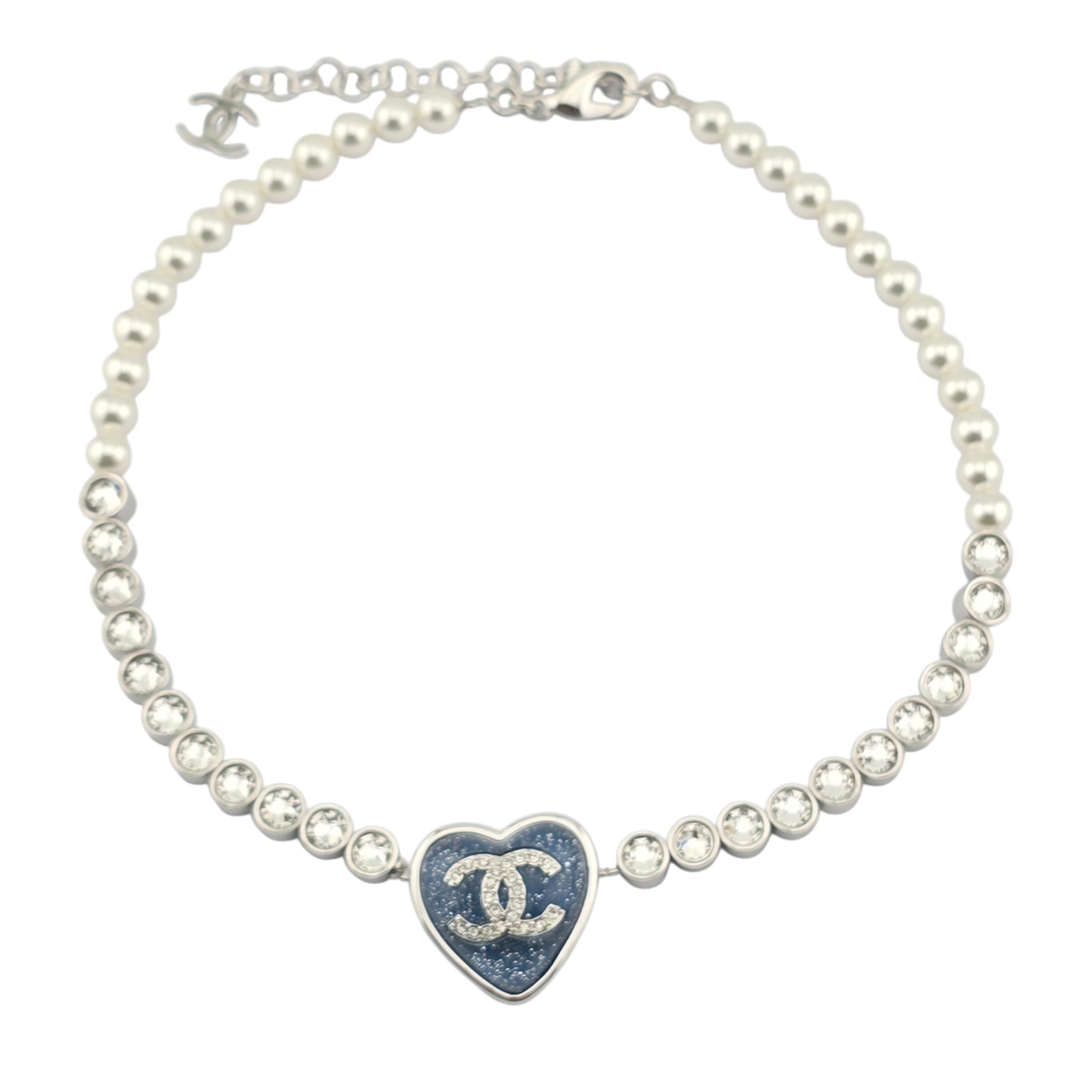 Chanel CC Faux Pearl Crystal Blue Heart Necklace 2025