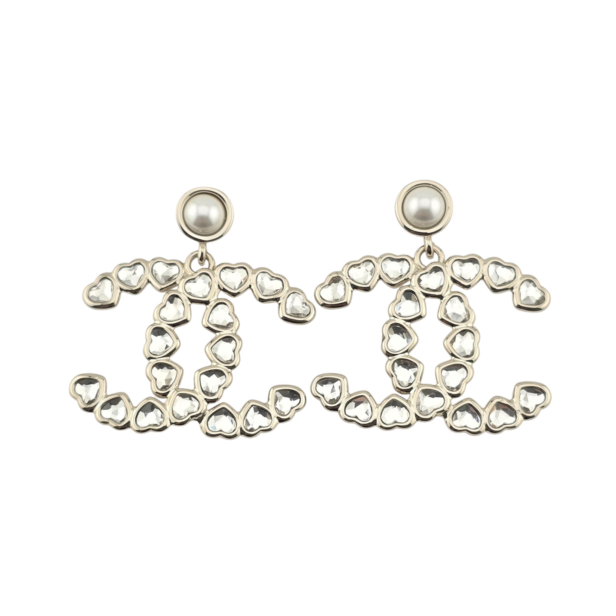 Chanel CC Pearl Crystal Heart Drop Earrings Gold 2025