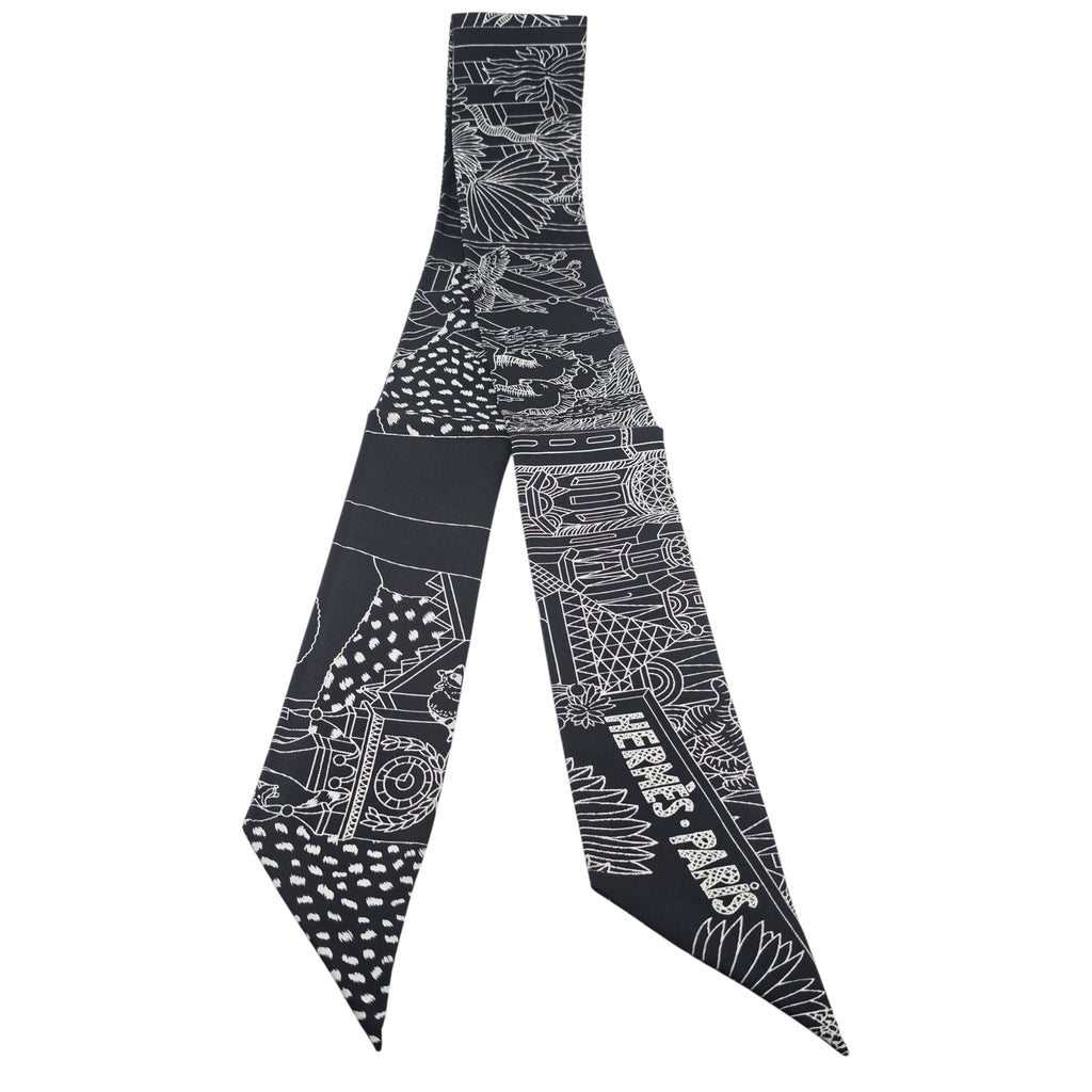 Hermes Silk Animapolis Twilly Black White