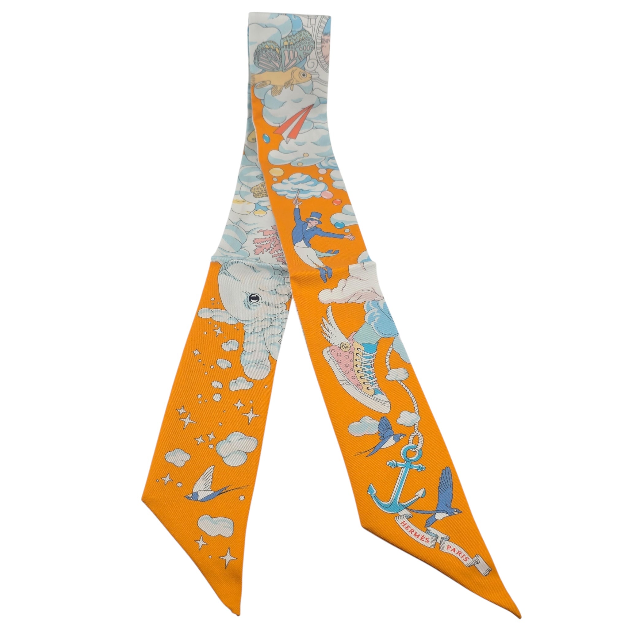 Hermes Silk Sur Mon Nuage Twilly Apricot Bleu Multicolor