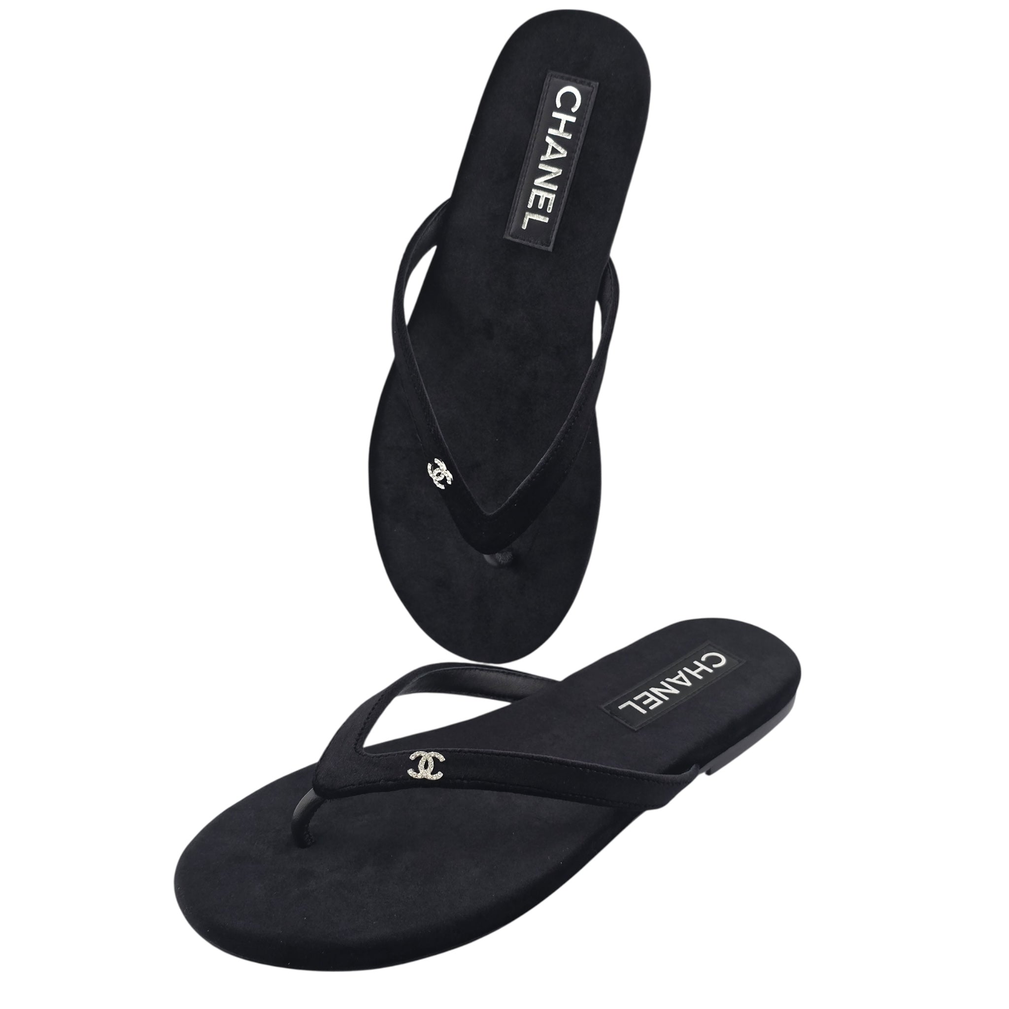 Chanel CC Black Velvet Crystal Thong Sandals 39