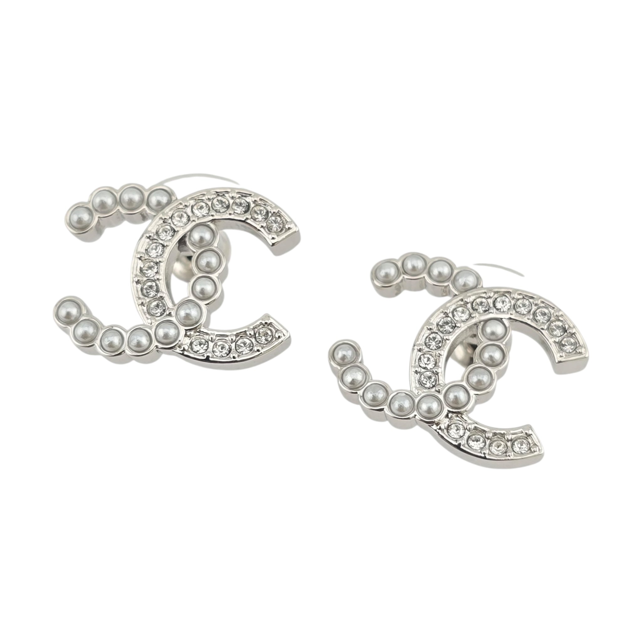 Chanel Pearl Crystal CC Earrings Silver Pearly White