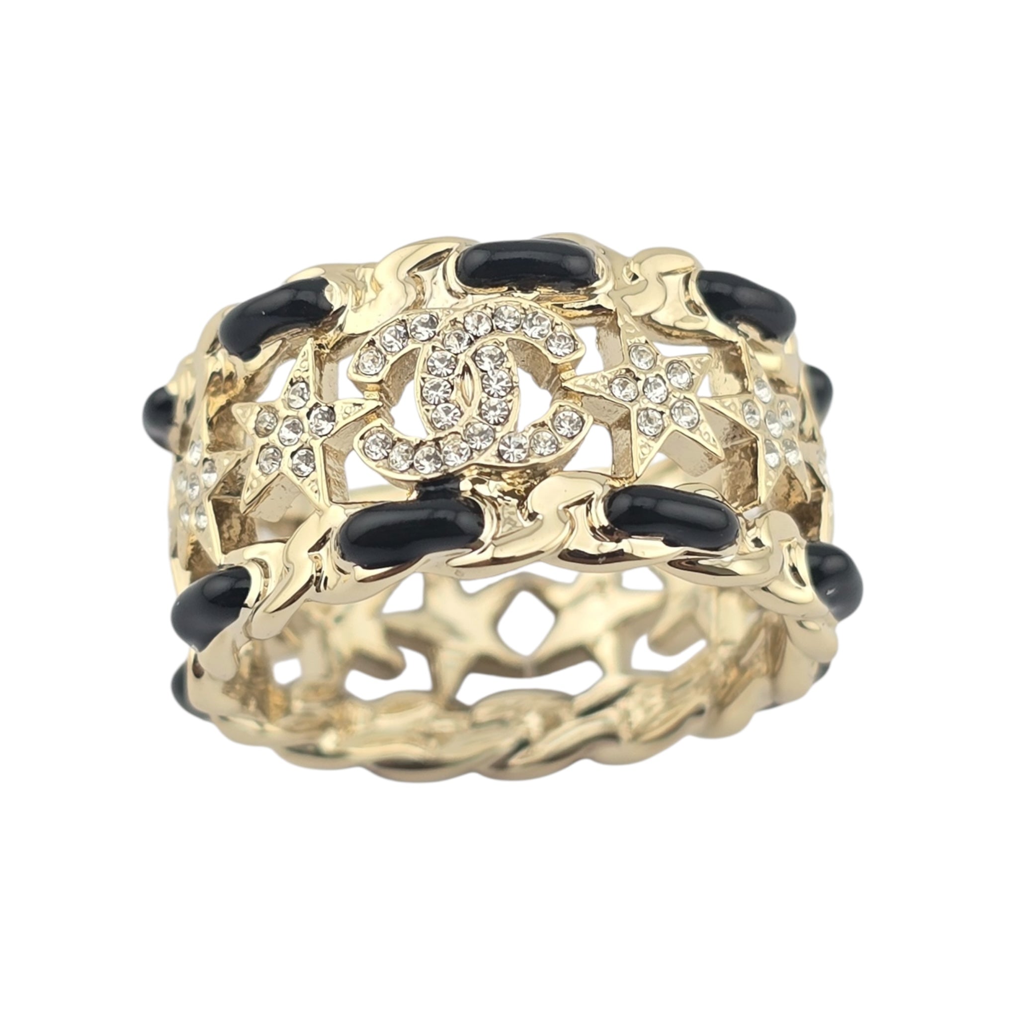 Chanel Metal Crystal Star CC Ring Gold Black 2023