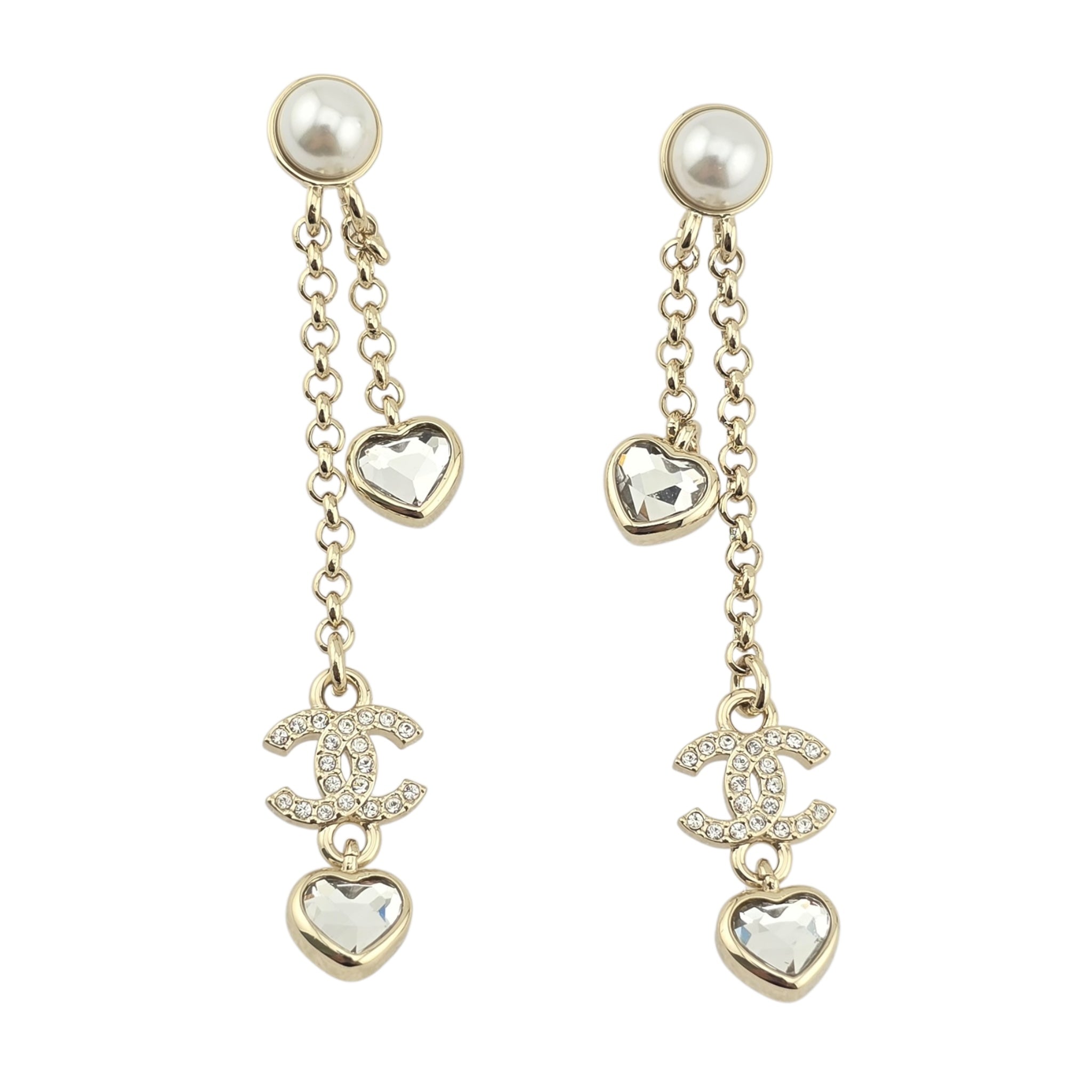 Chanel CC Gold Dangle Heart Crystal Earrings 2025