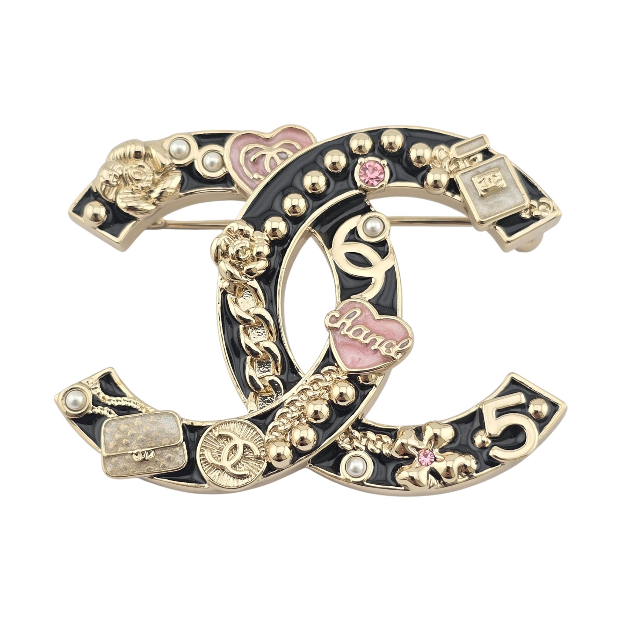Chanel CC Black Gold Enamel Brooch 2024