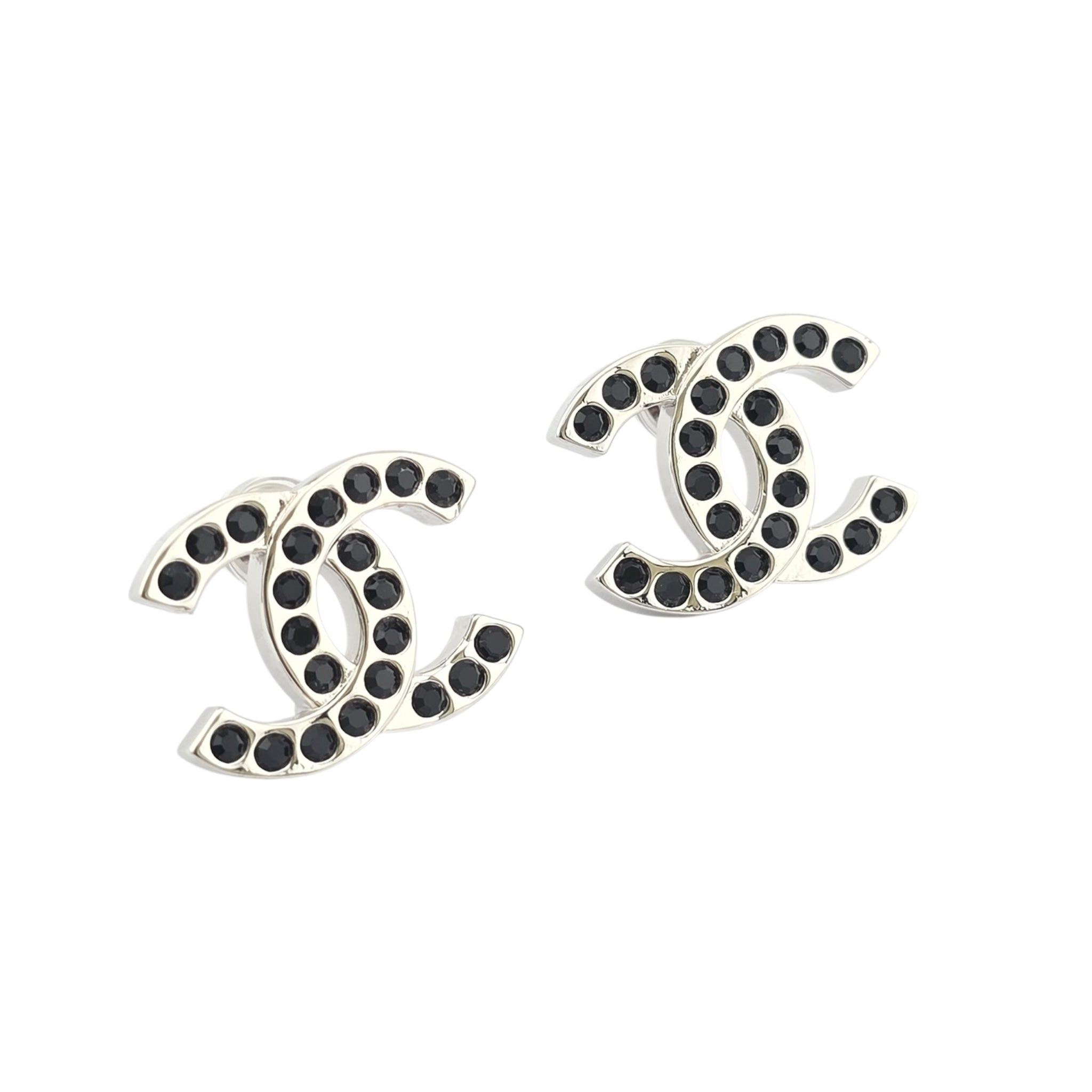 Chanel CC Silver Black Crystal Stud Earrings 2025