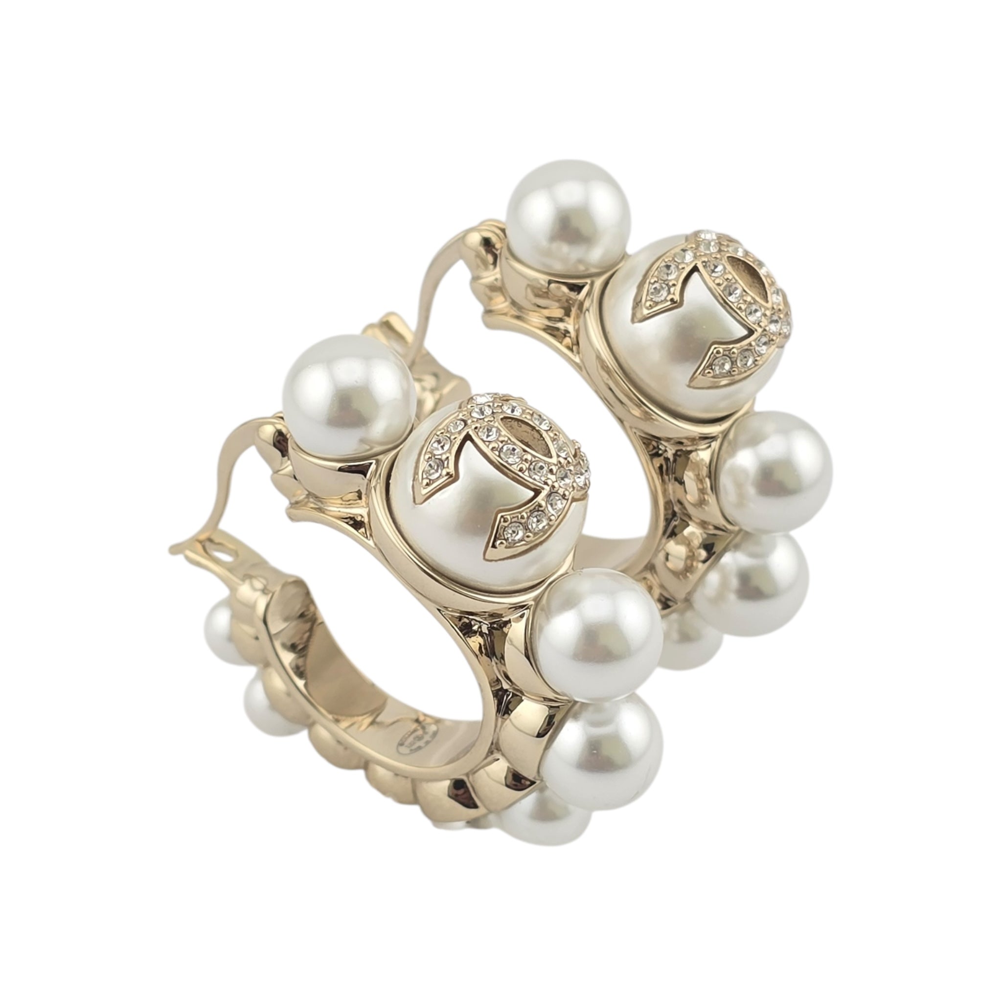 Chanel CC Gold Faux Pearl Hoop Earrings