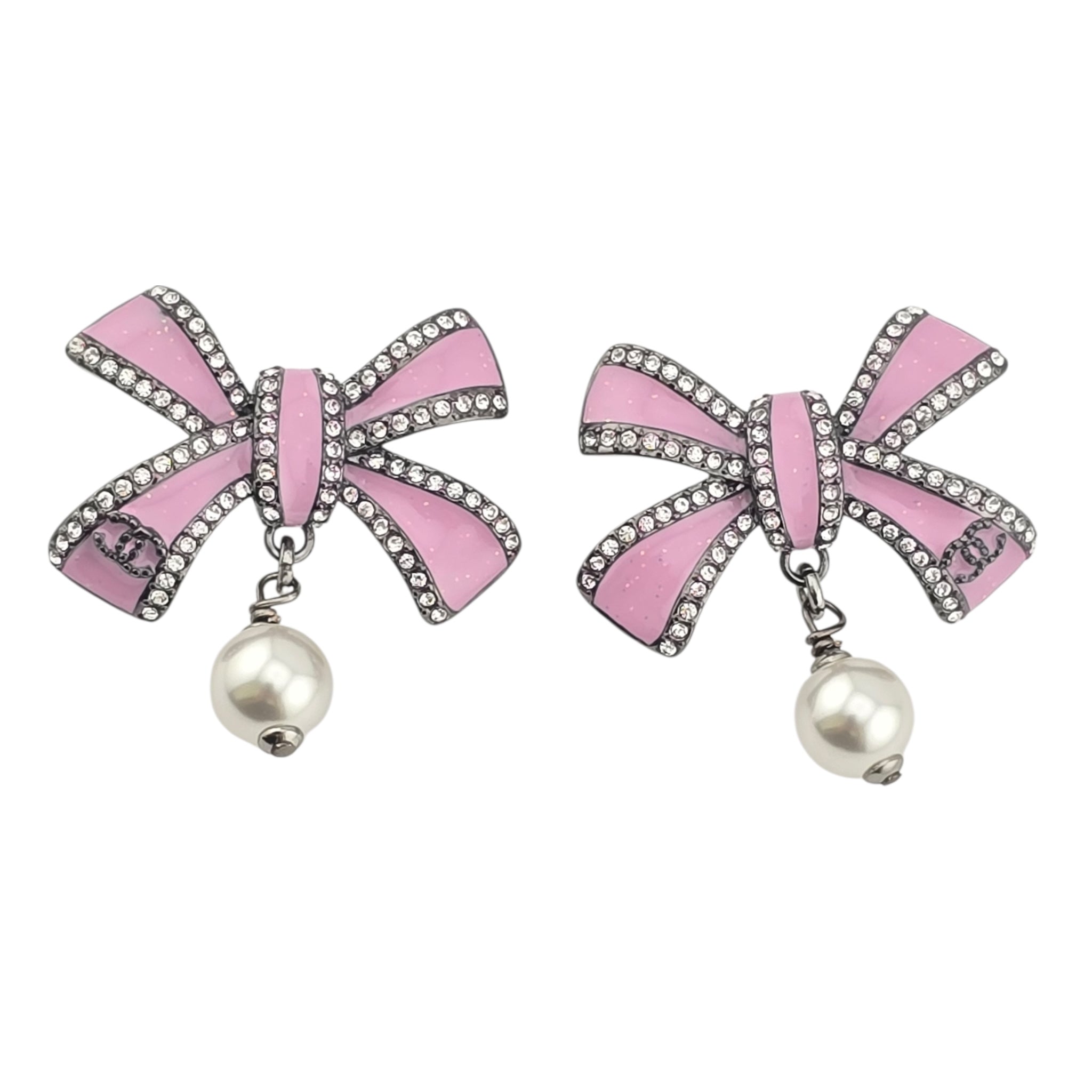 Chanel CC Silver Crystal Enamel Bow Earrings 2025