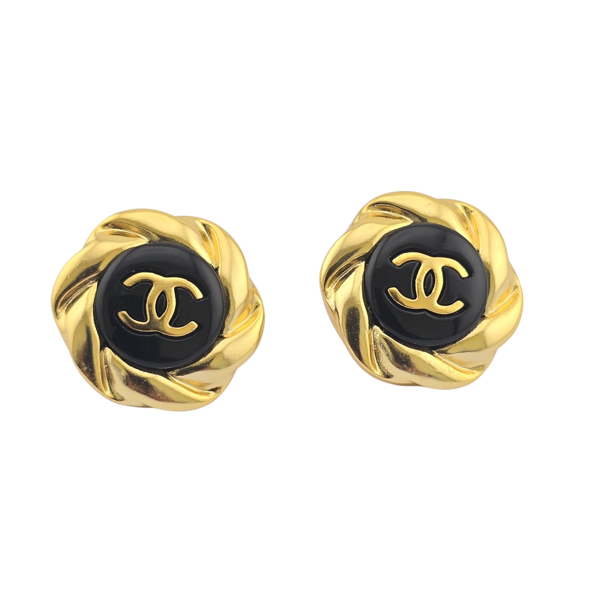 Chanel Resin CC Round Earrings Gold Black A22