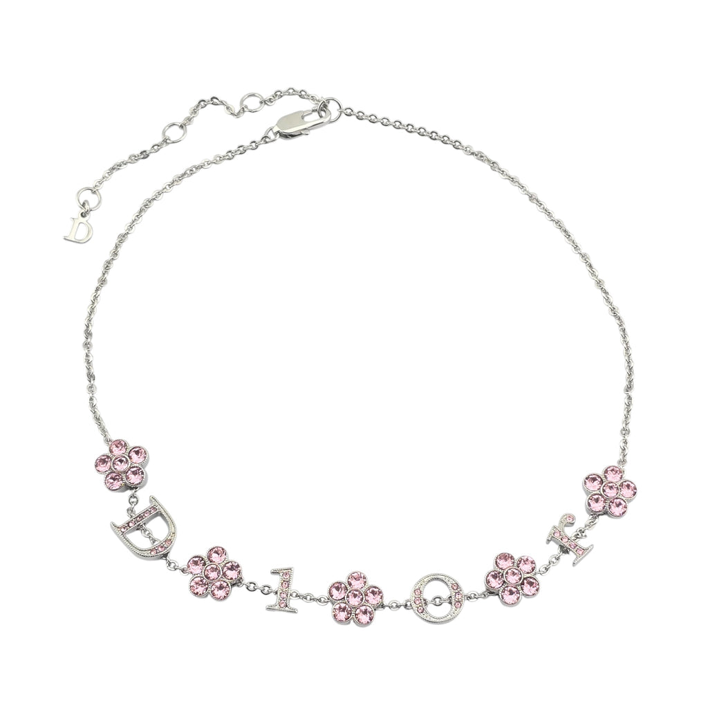 Christian Dior Crystal Flower Silver Pink Choker Necklace DIOR