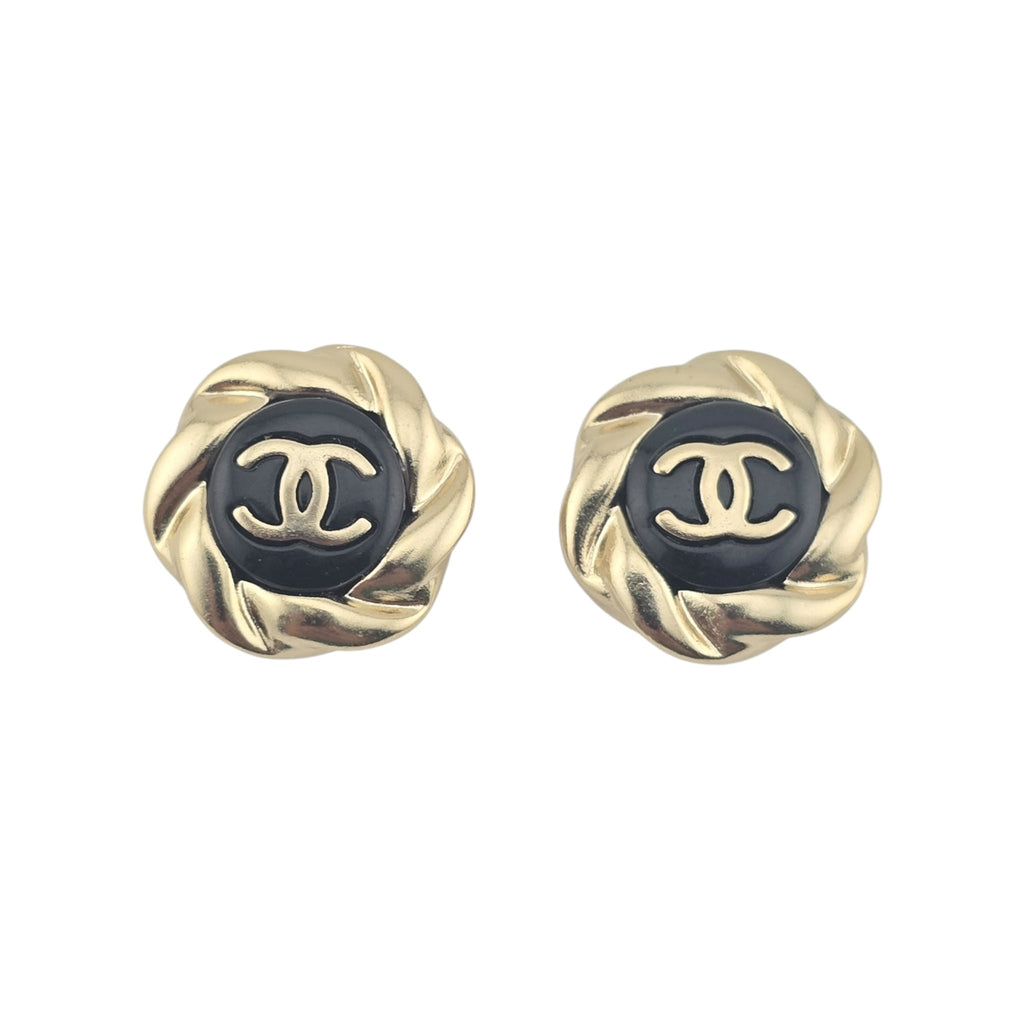 Chanel CC Resin Round Earrings Gold Black A22 CHANEL