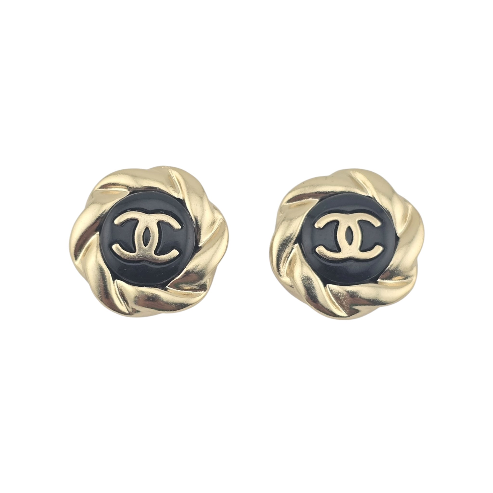 Chanel CC Resin Round Earrings Gold Black A22 CHANEL