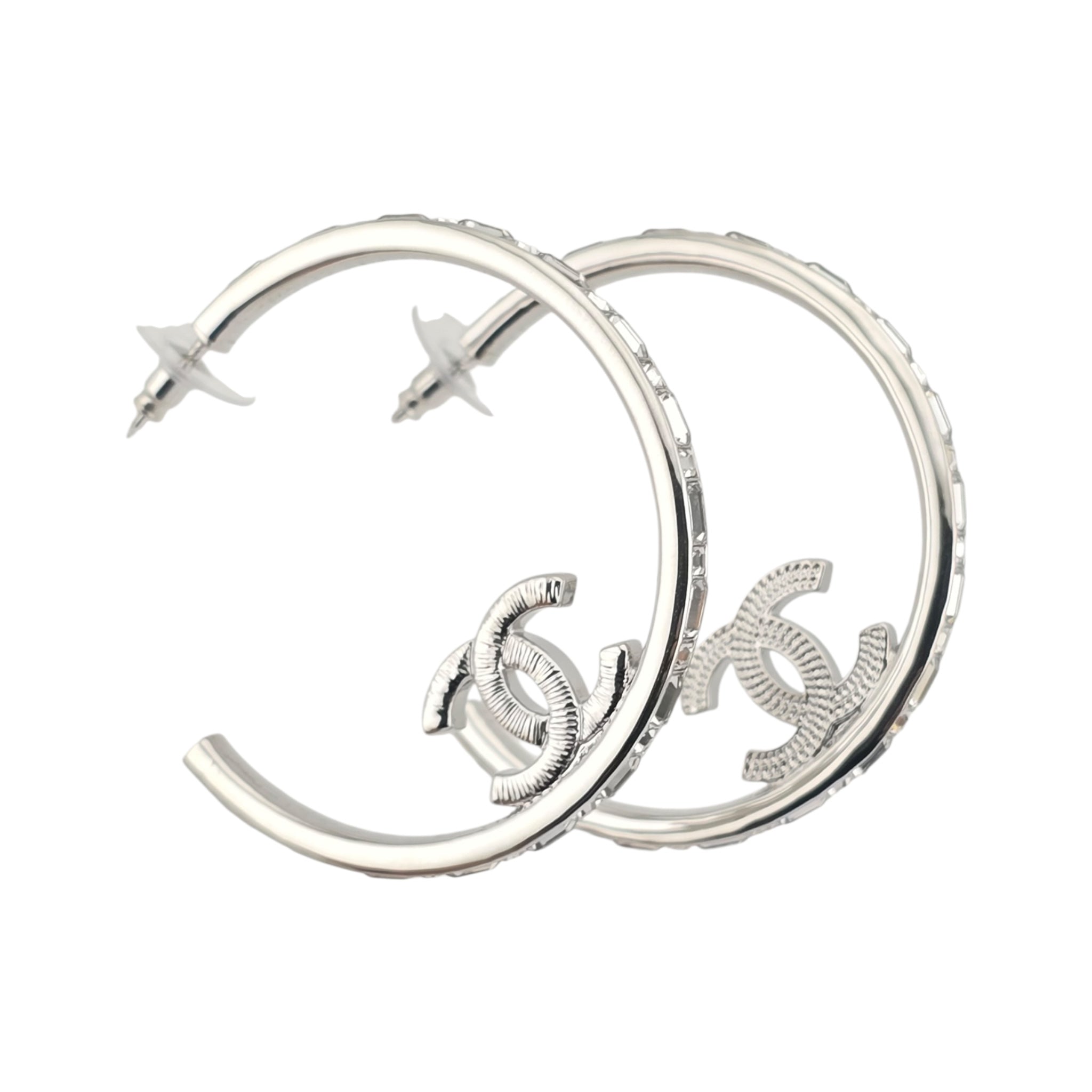 Chanel CC Metal Crystal Baguette Large Hoop Earrings Silver 2022 CHANEL