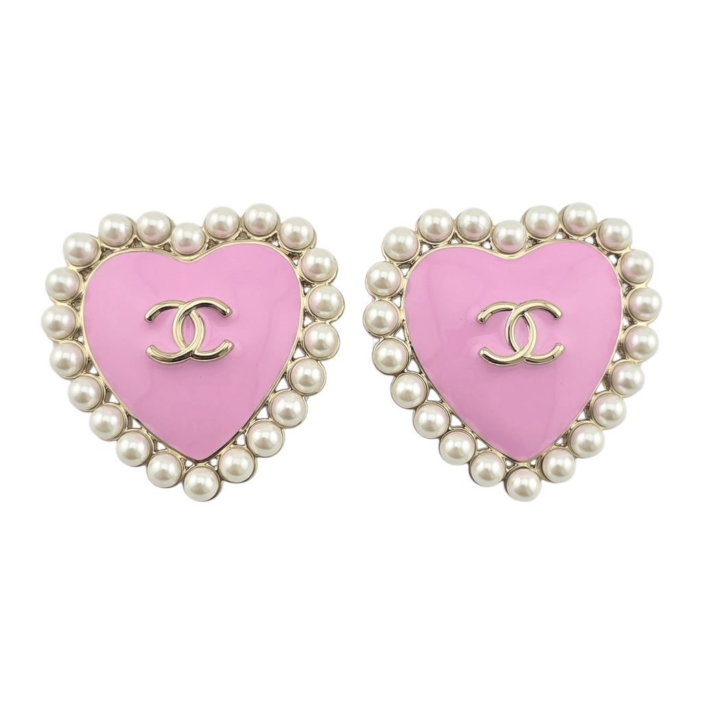 Chanel CC Pink Gold Heart Faux Pearl Earrings 2025 CHANEL
