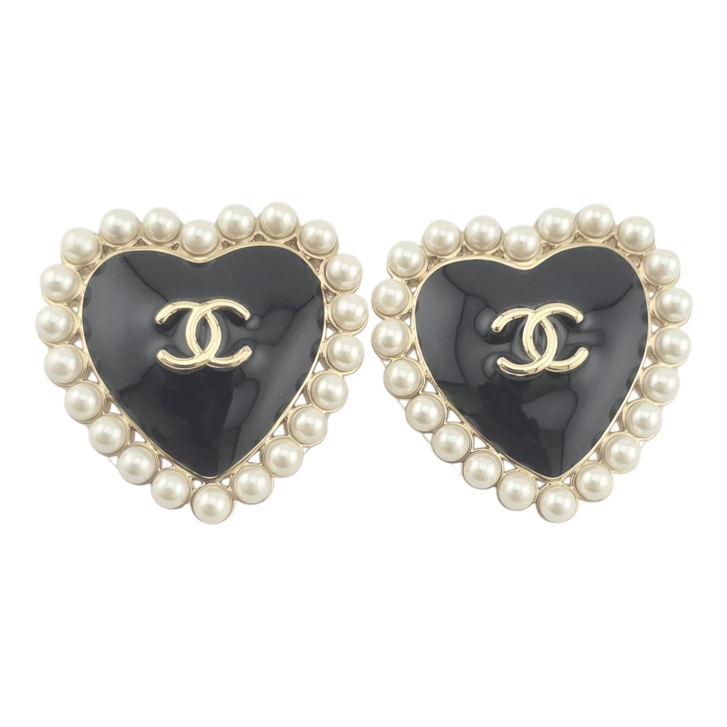 Chanel CC Black Gold Heart Faux Pearl Earrings 2025 CHANEL