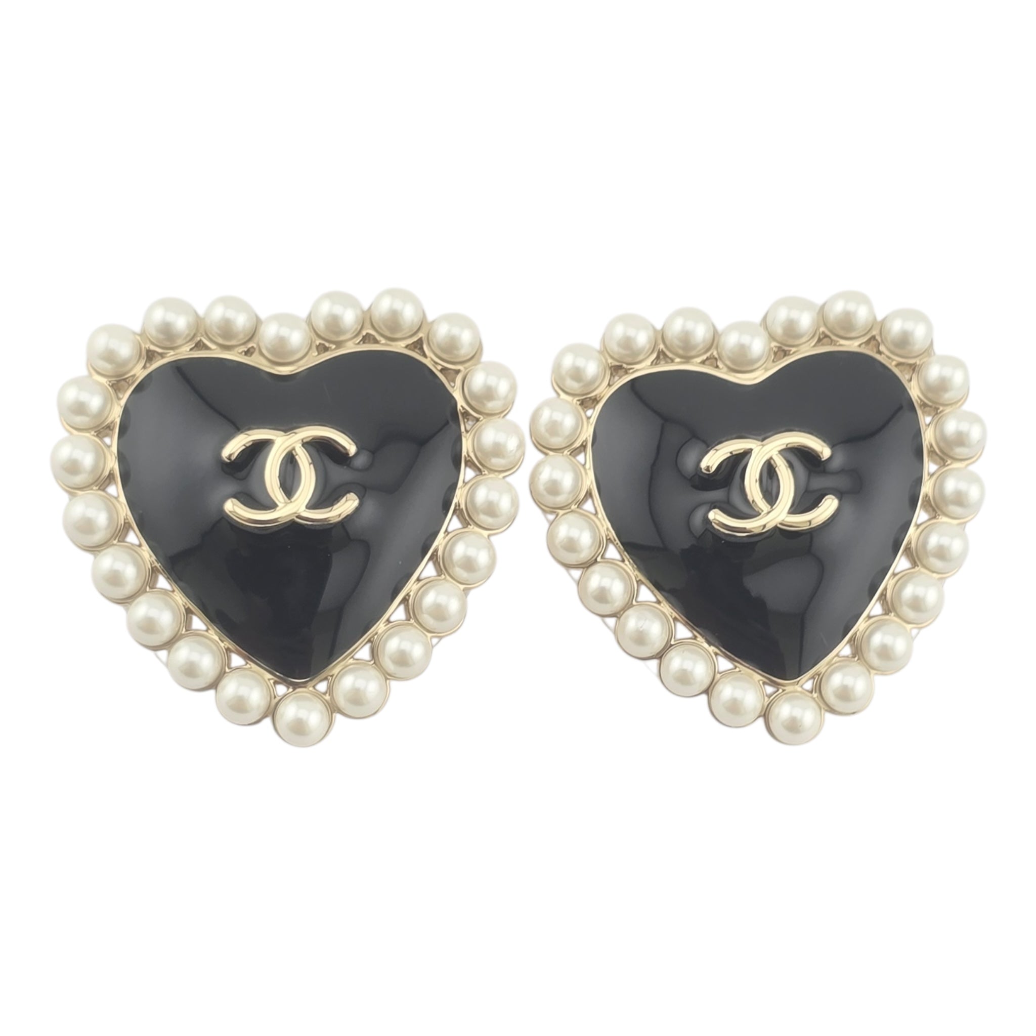 Chanel CC Black Gold Heart Faux Pearl Earrings 2025 CHANEL