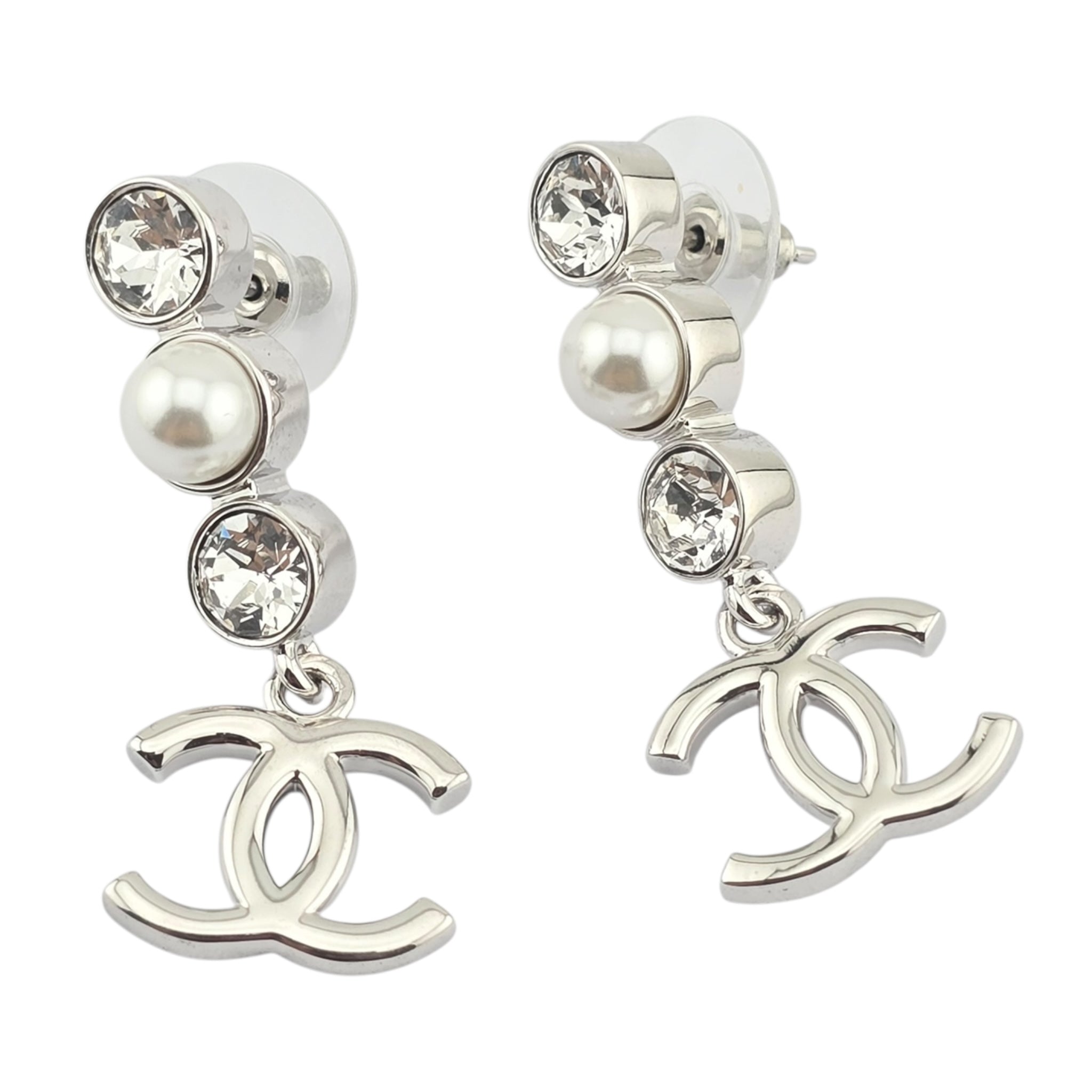 Chanel CC Silver Crystal Pearl Earrings 2025 CHANEL