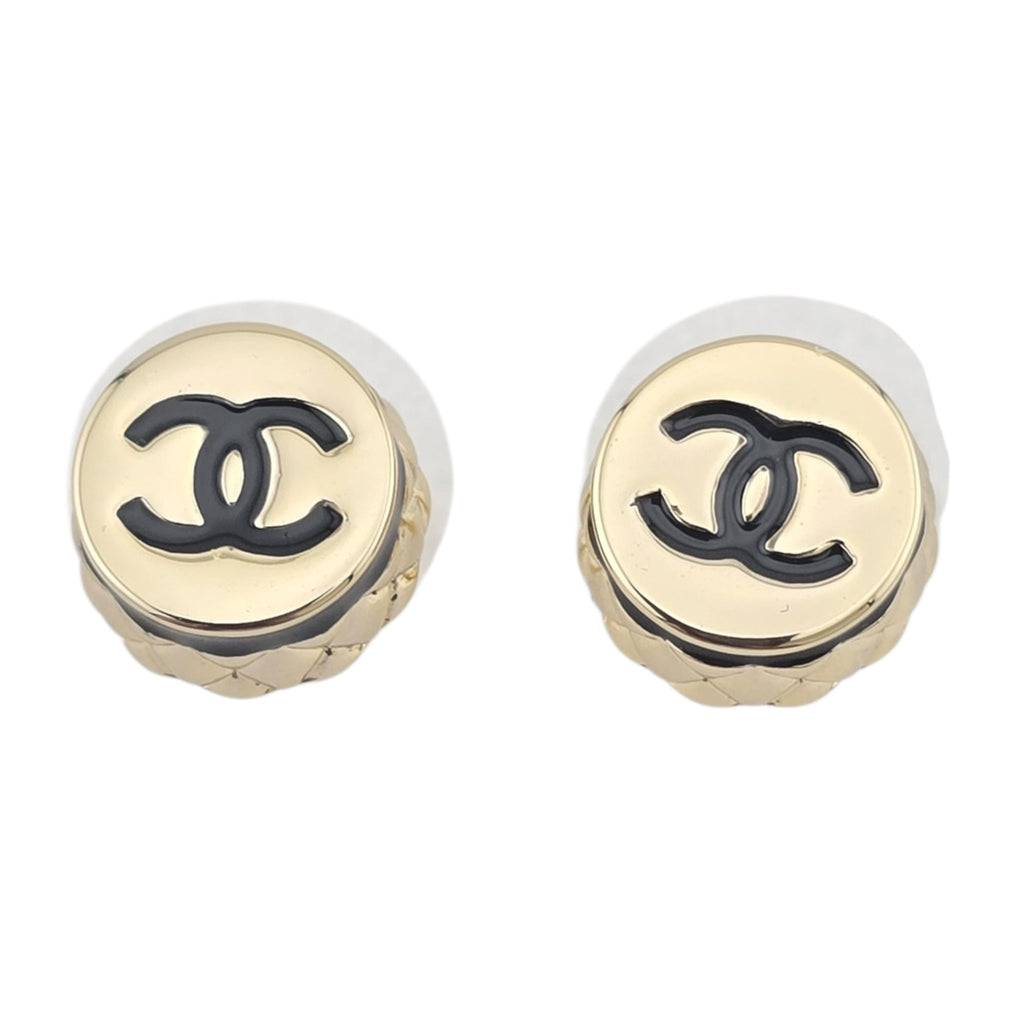 Chanel CC Stud Gold Black Round Earrings B25 CHANEL