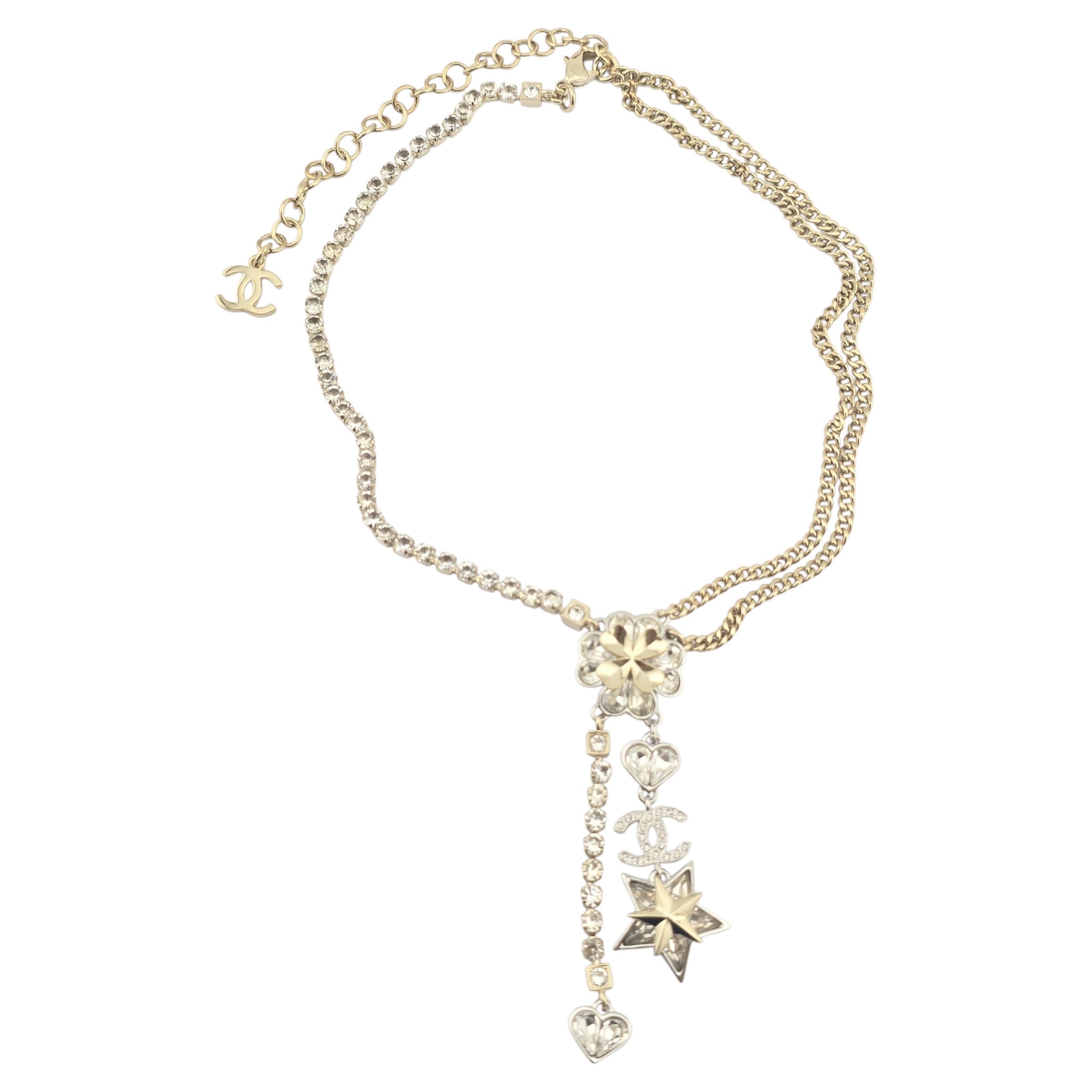 Chanel Crystal Star Heart CC Pendant Necklace Gold 2023 CHANEL