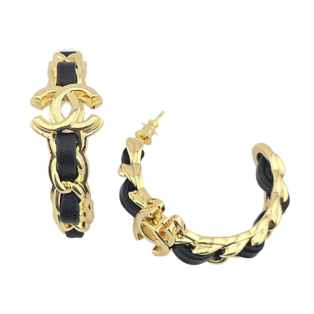 Chanel CC Leather Metal Hoop Earrings 2024 CHANEL