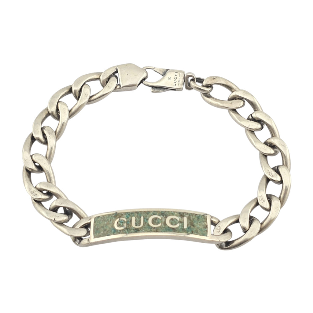 Gucci Silver Green Enamel Logo Bracelet GUCCI